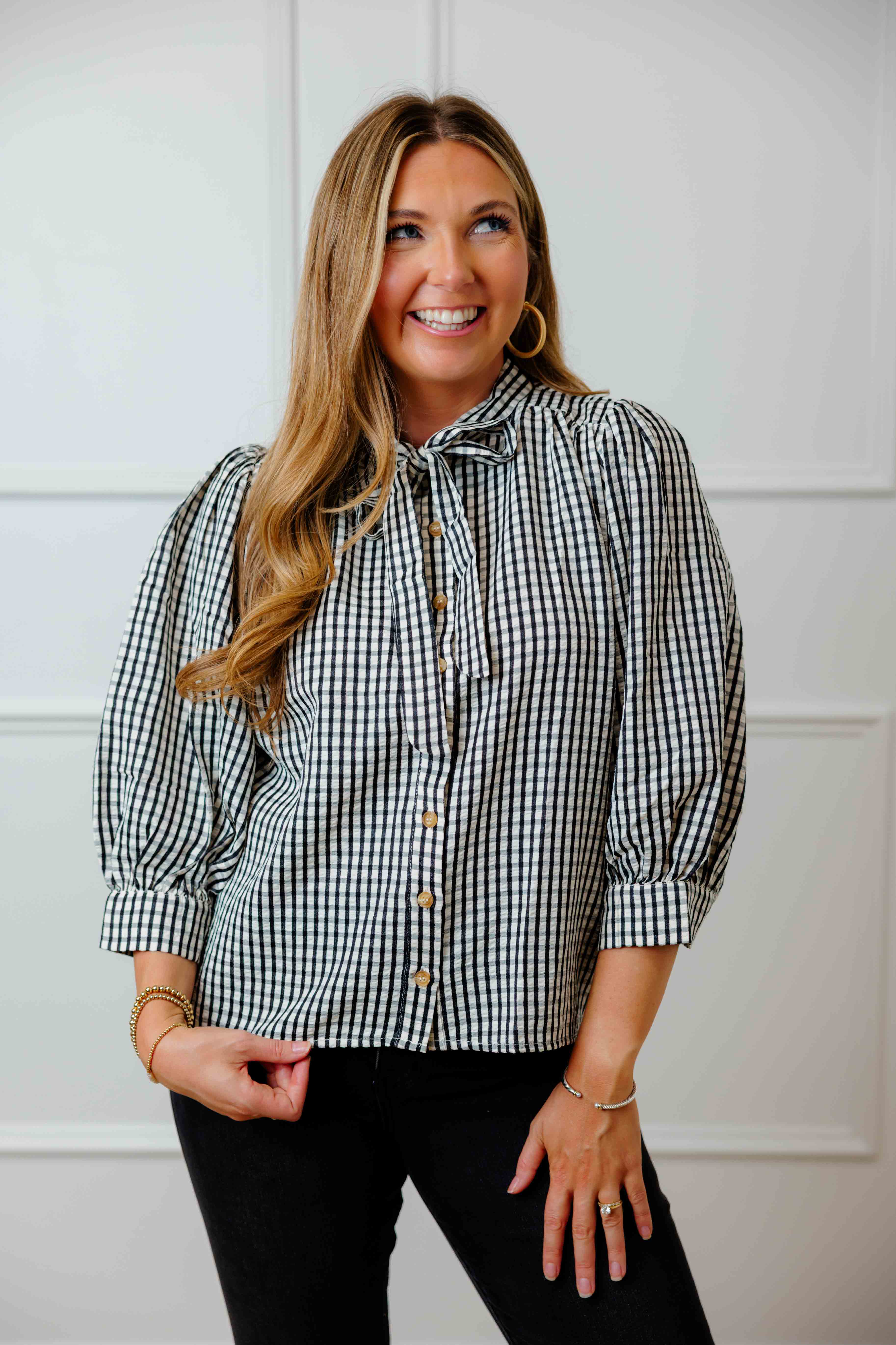 Black Gingham Button Up Top