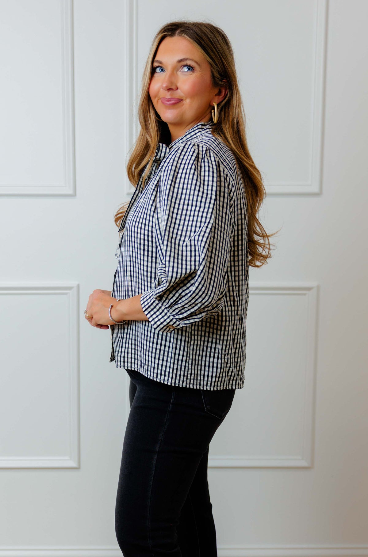 Black Gingham Button Up Top