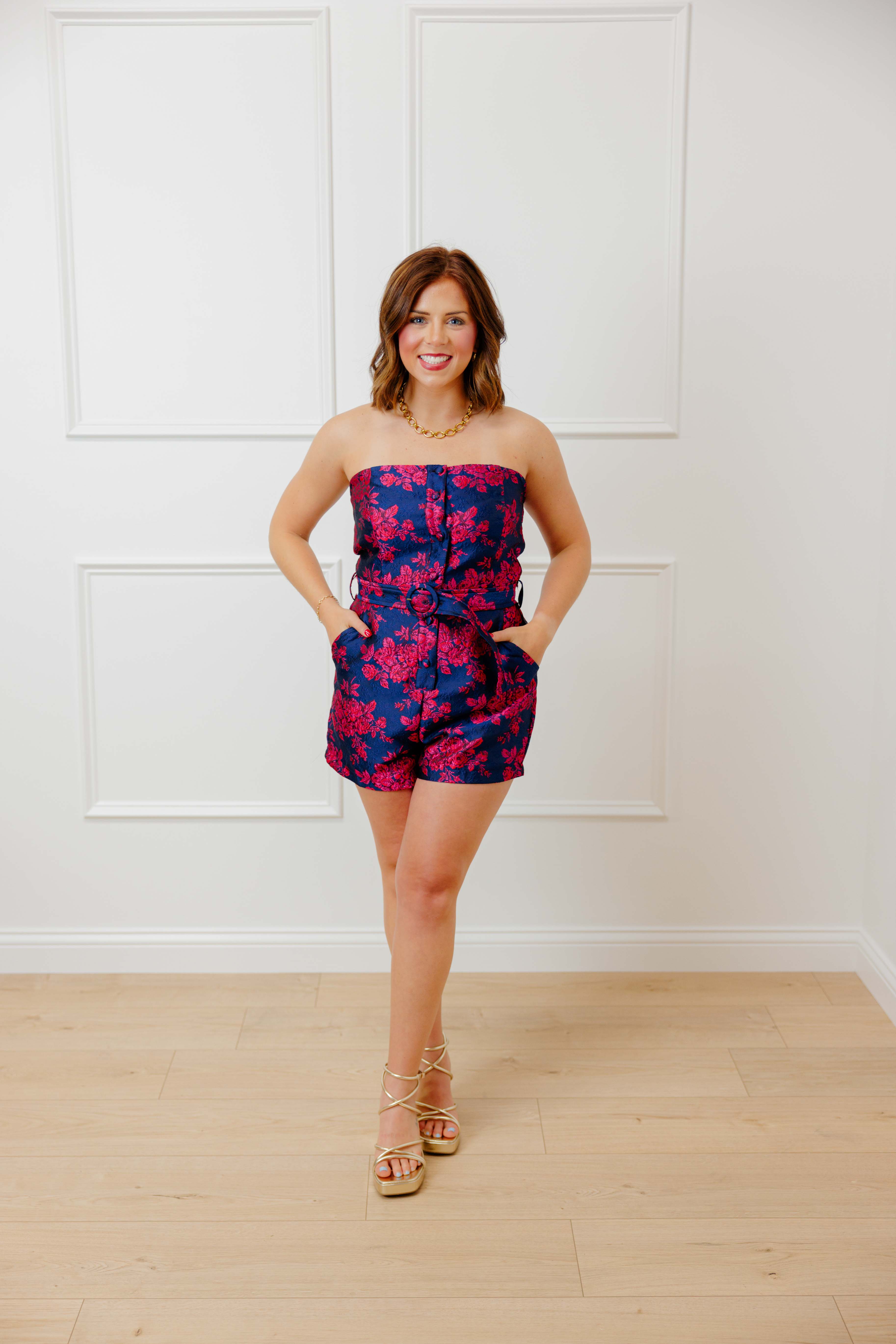 Navy Floral Jacquard Romper