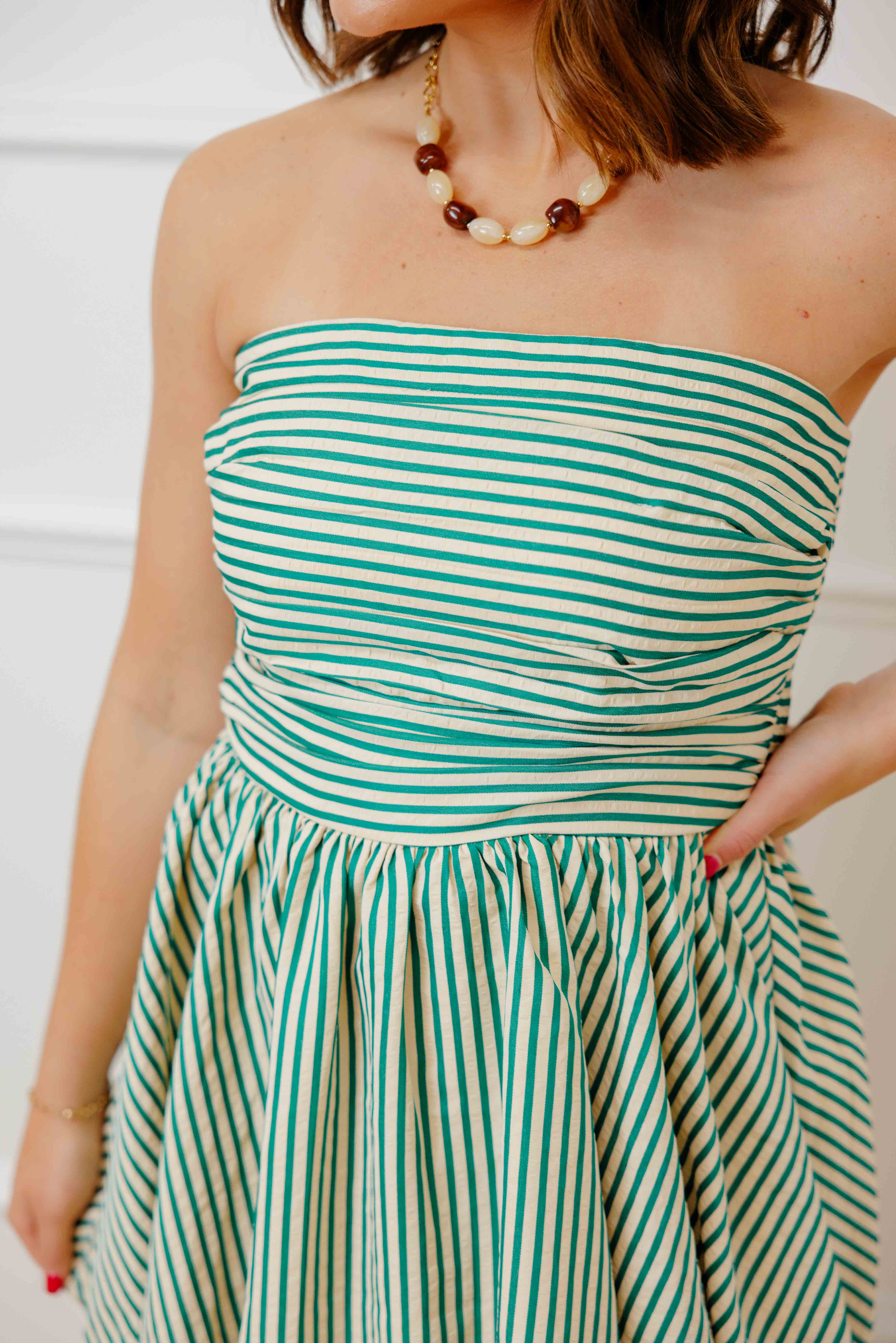 Green Striped Strapless Dress