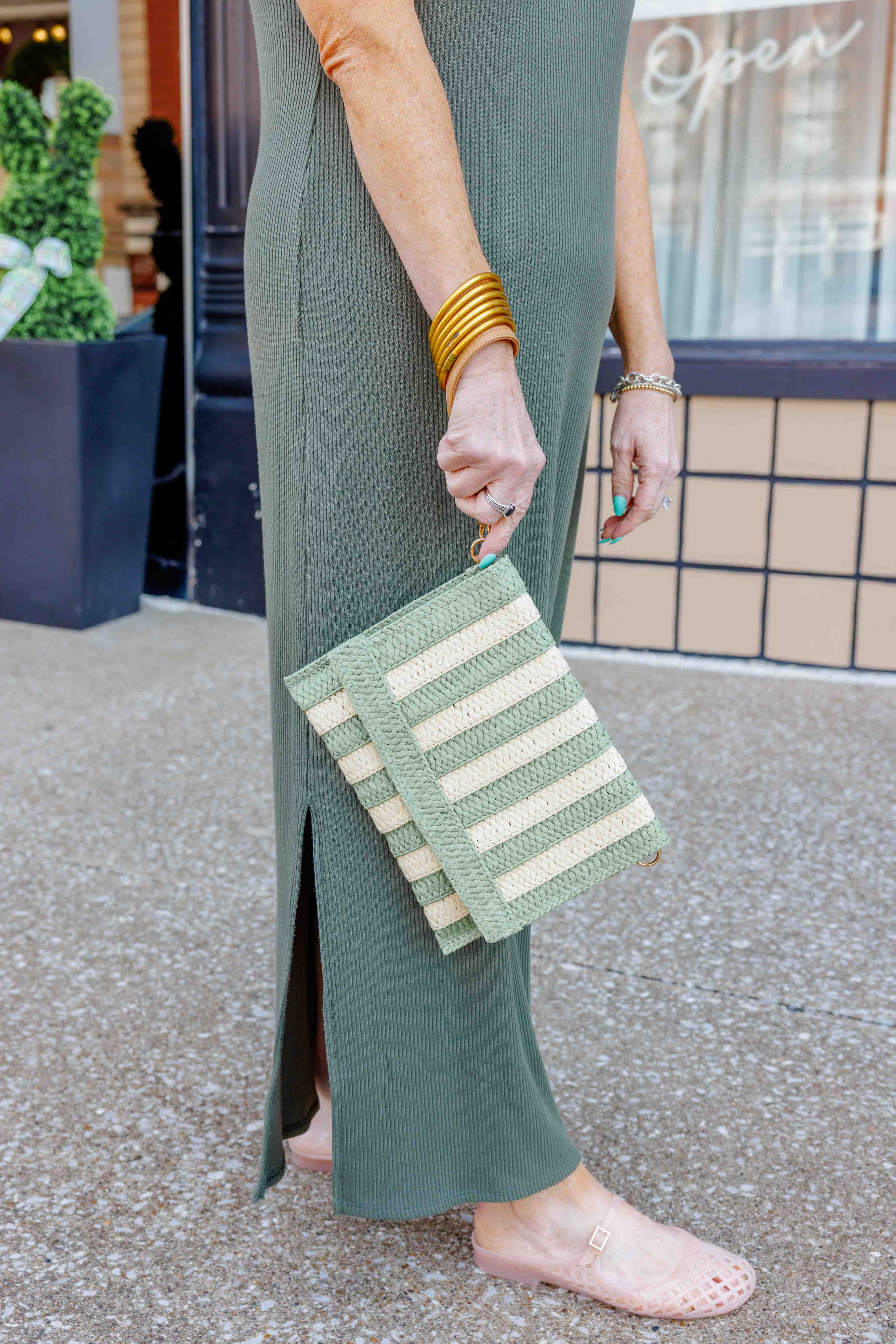 Olive Stripe Weave Clutch Bag