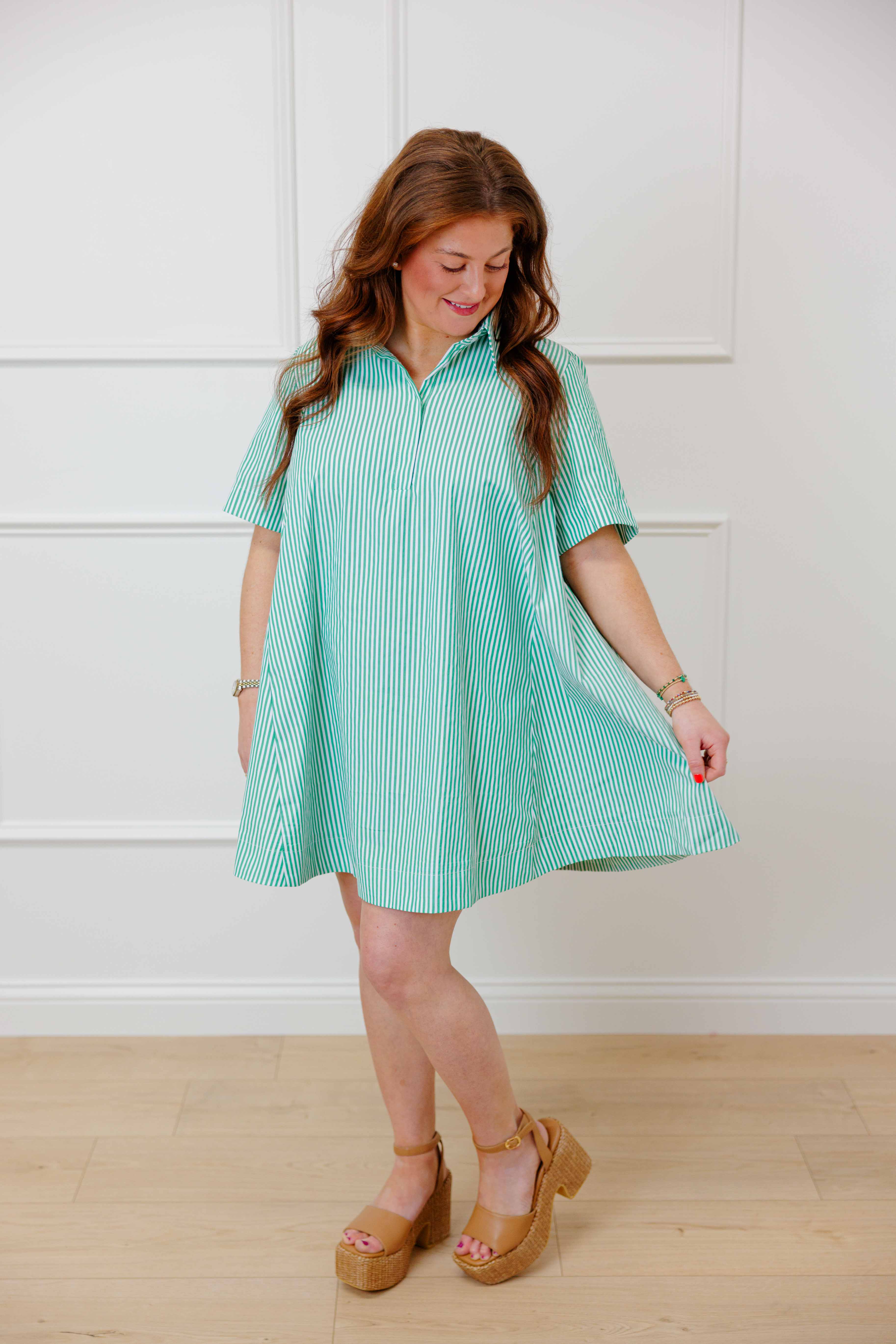 Green Striped Collared Dress