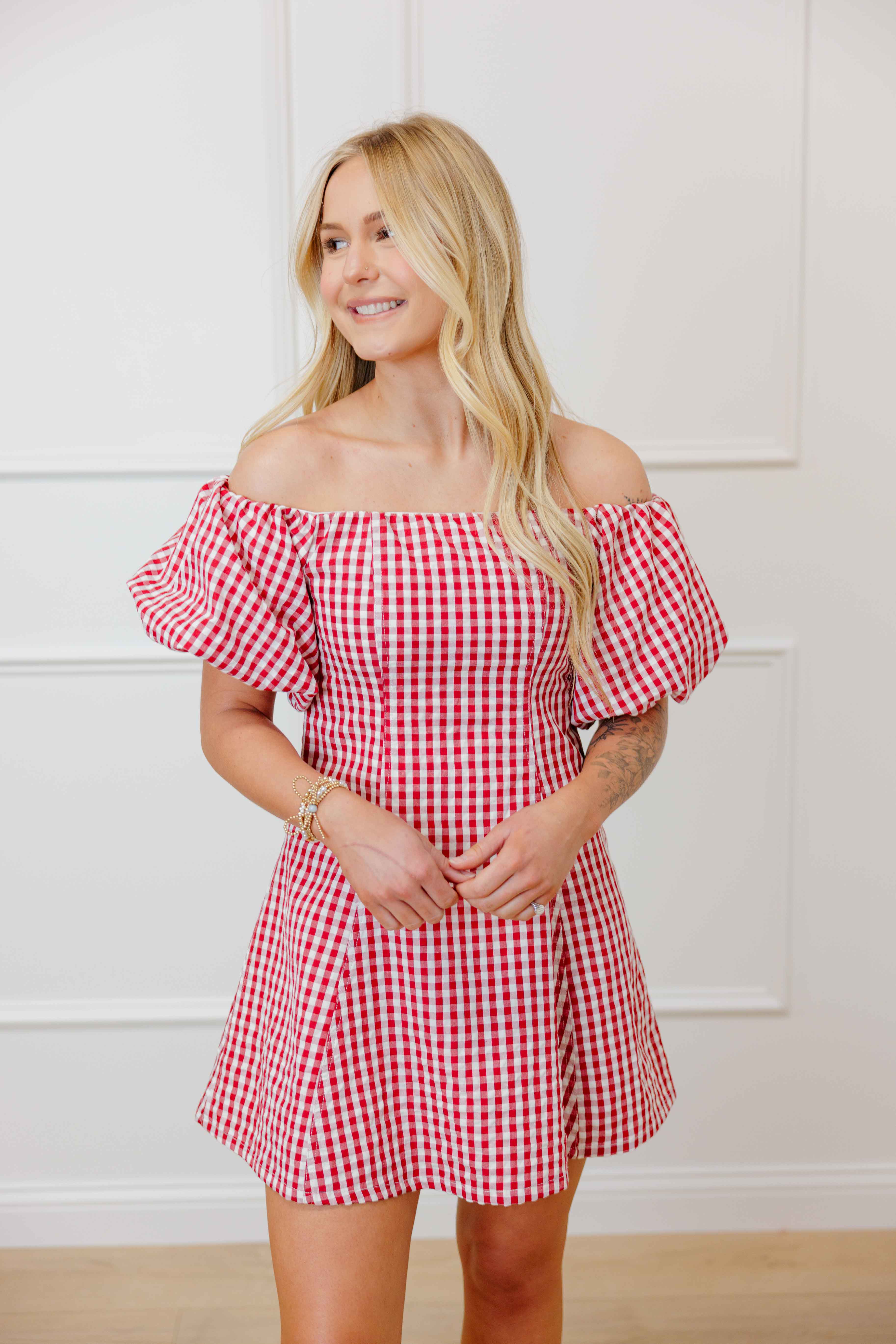 Red Gingham Off Shoulder Dress