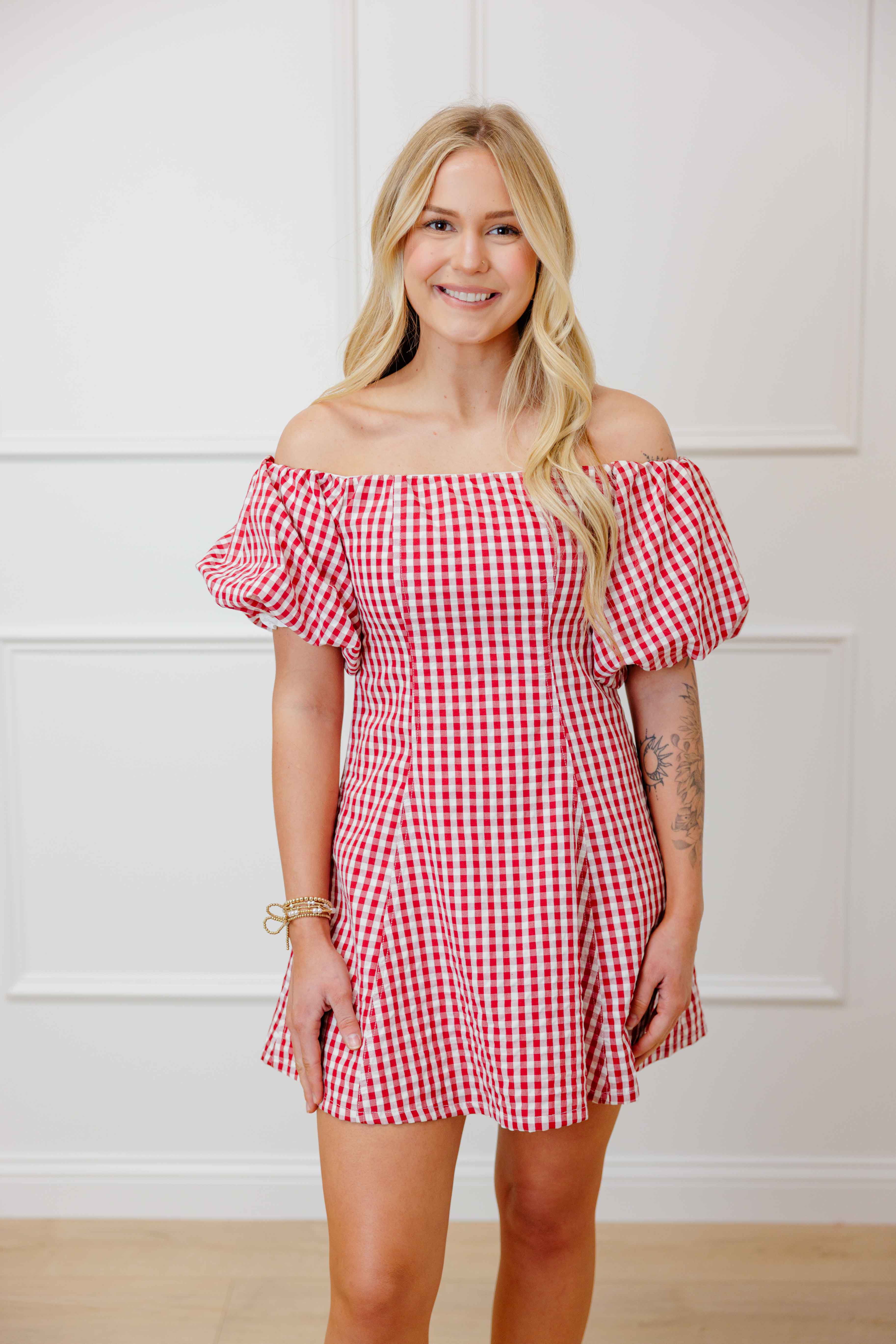 Red Gingham Off Shoulder Dress