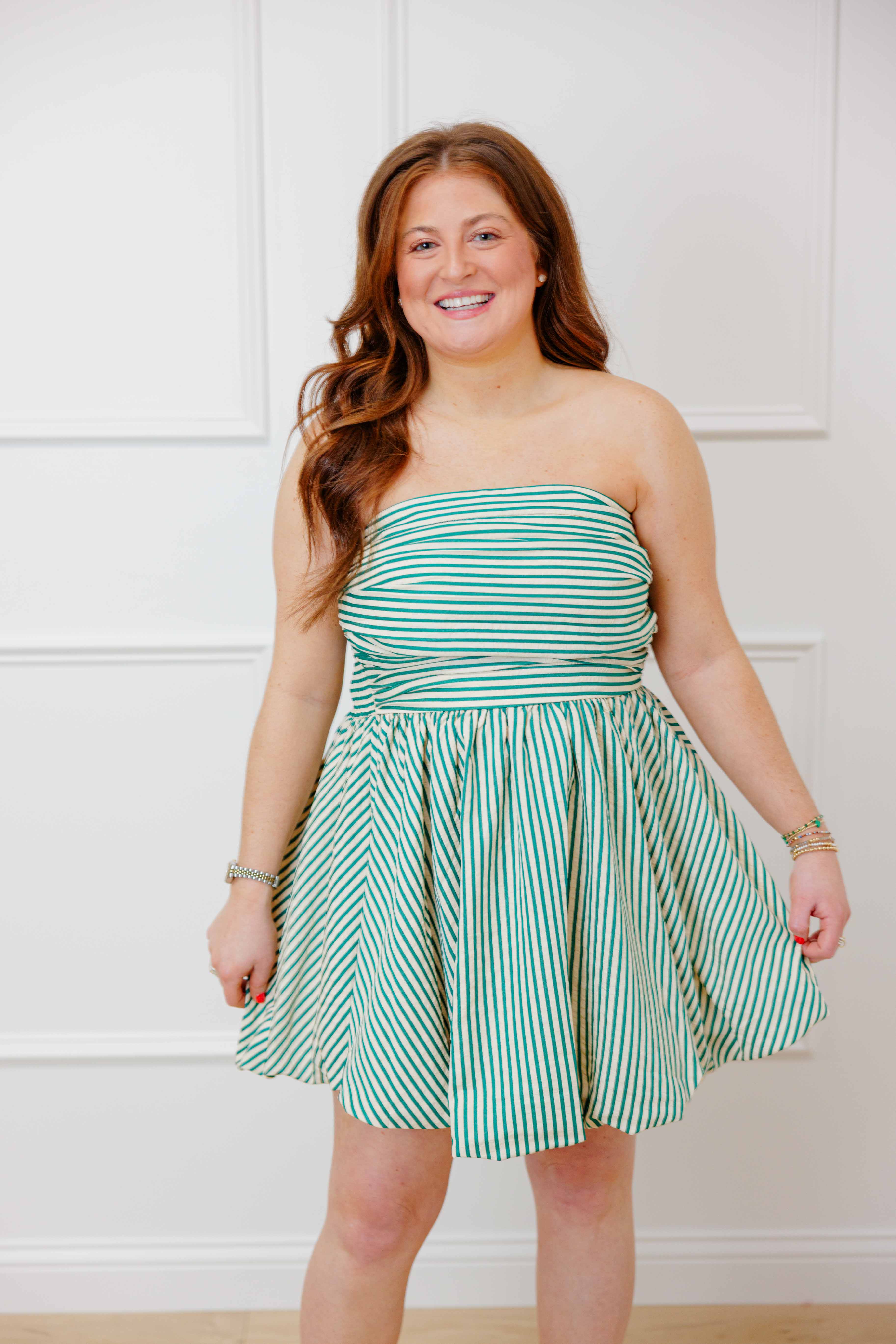 Green Striped Strapless Dress