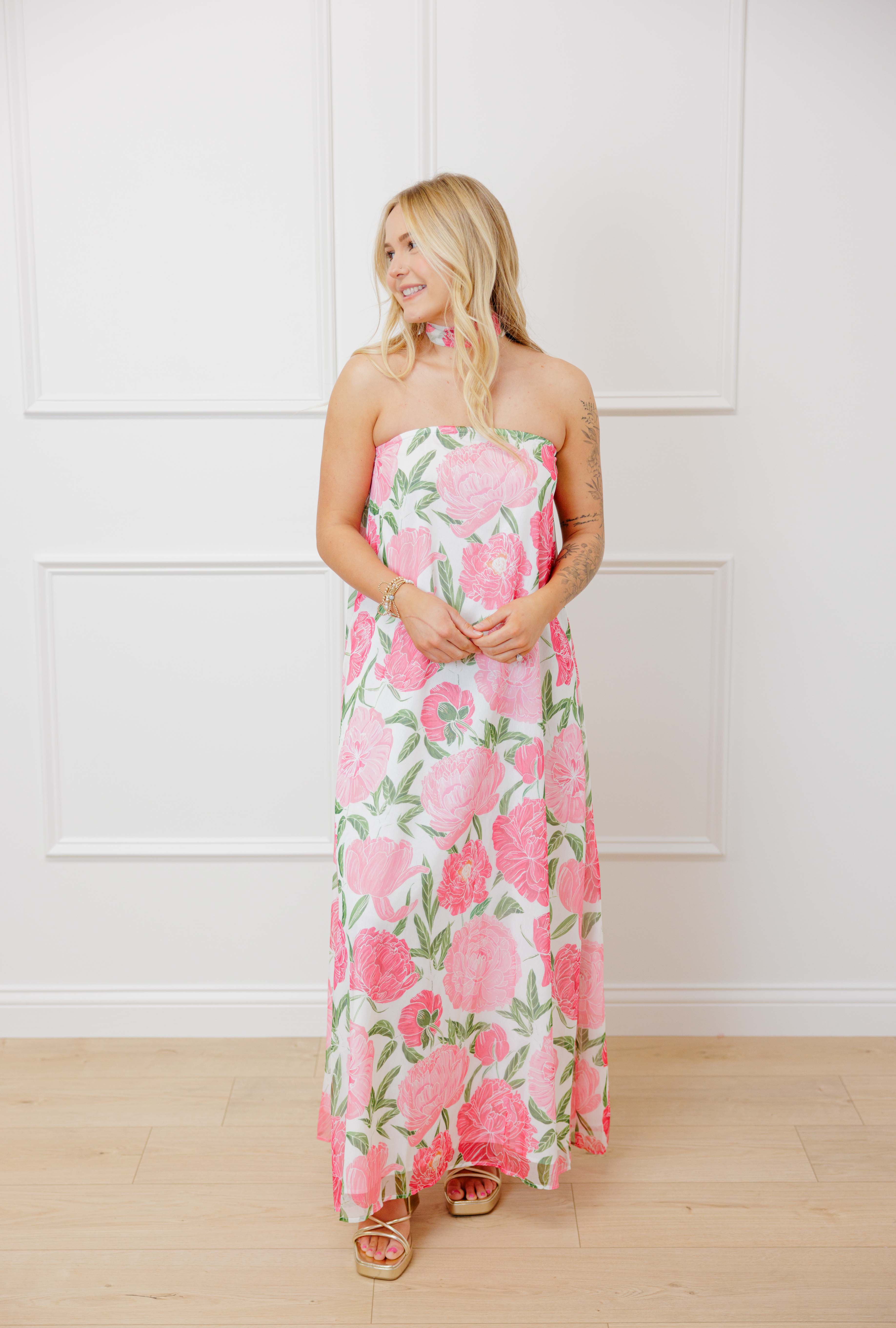 Strapless Floral Scarf Maxi Dress