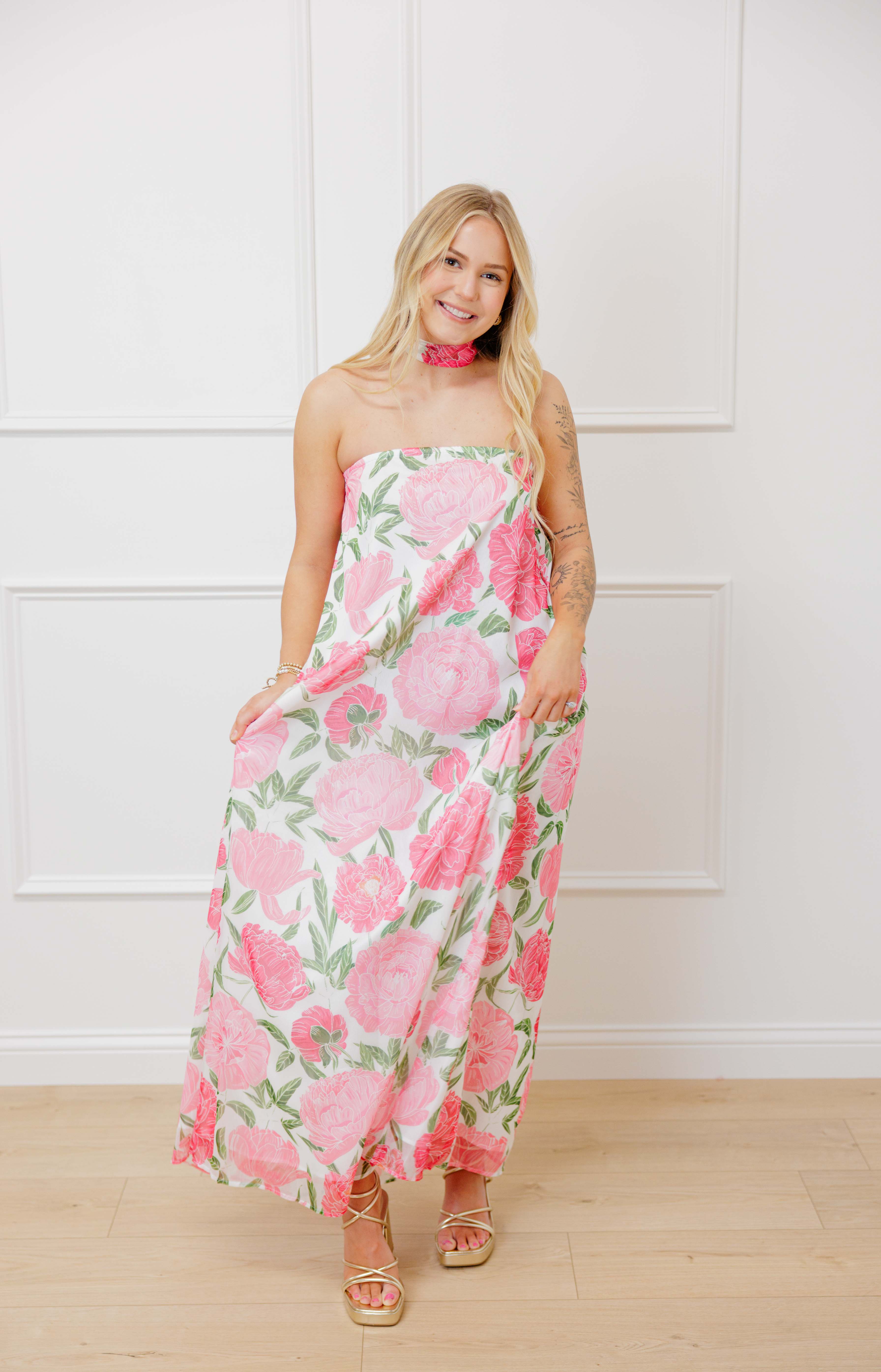 Strapless Floral Scarf Maxi Dress