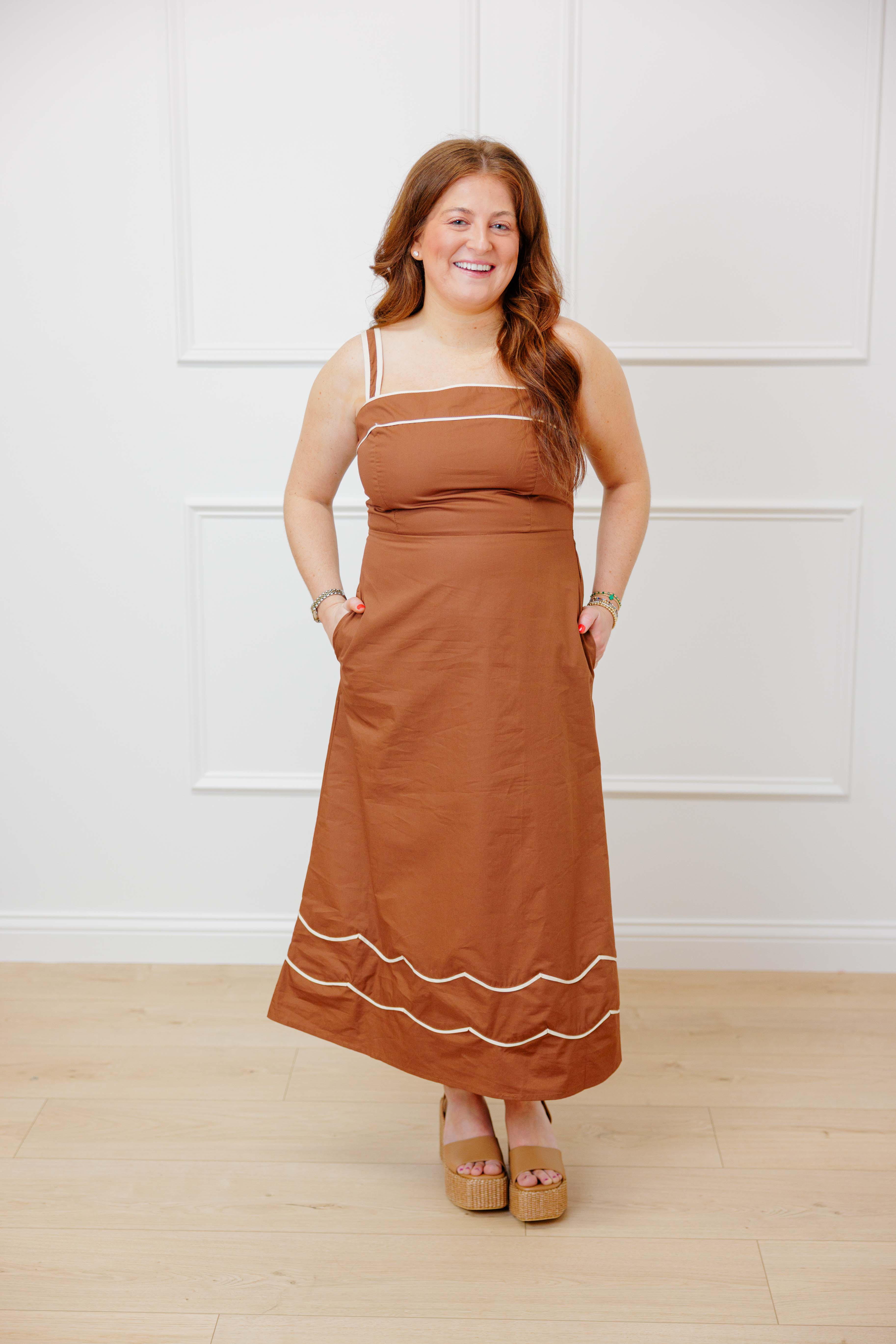 Brown Scallop Midi Dress