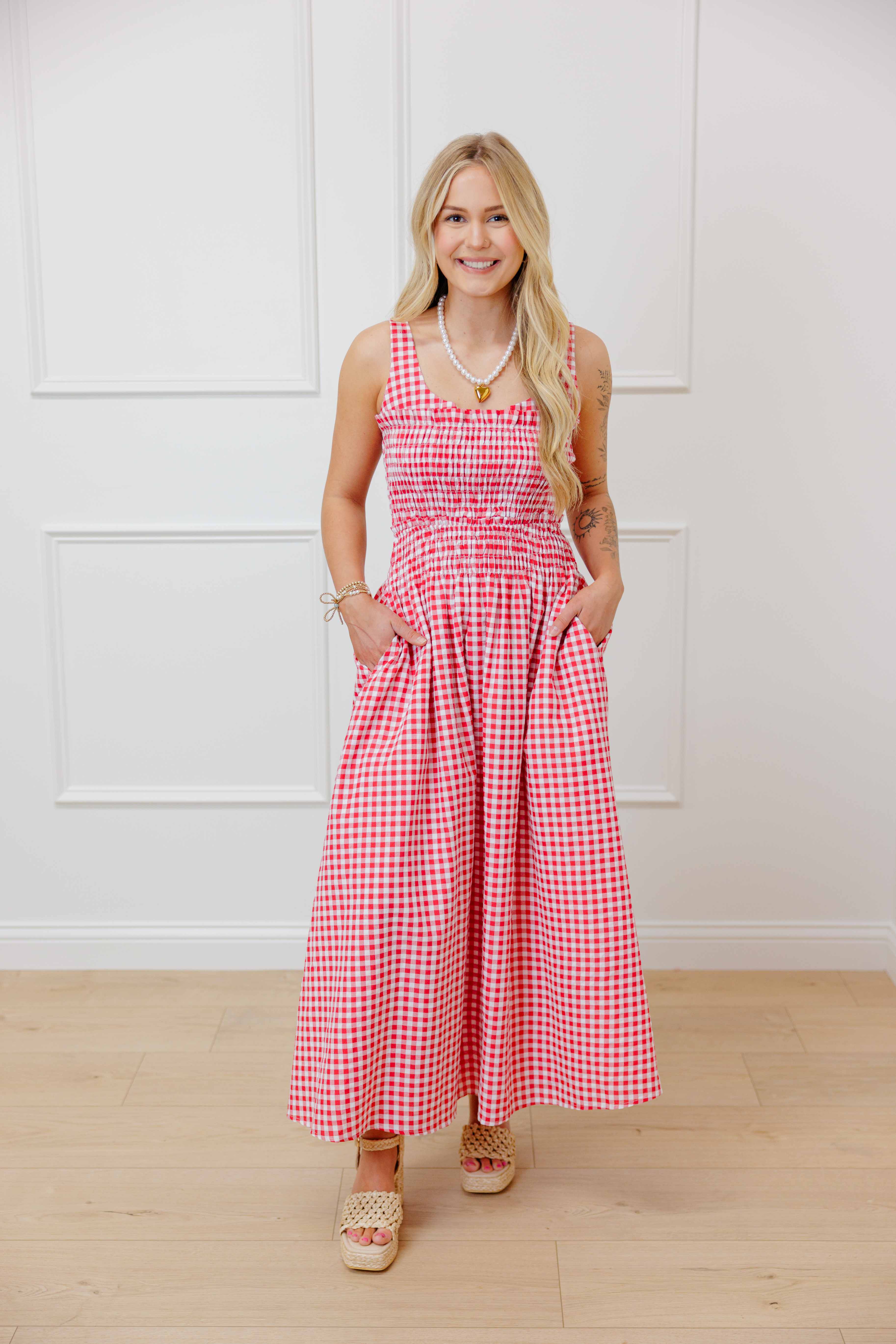 Red Gingham Smocked Midi Dress
