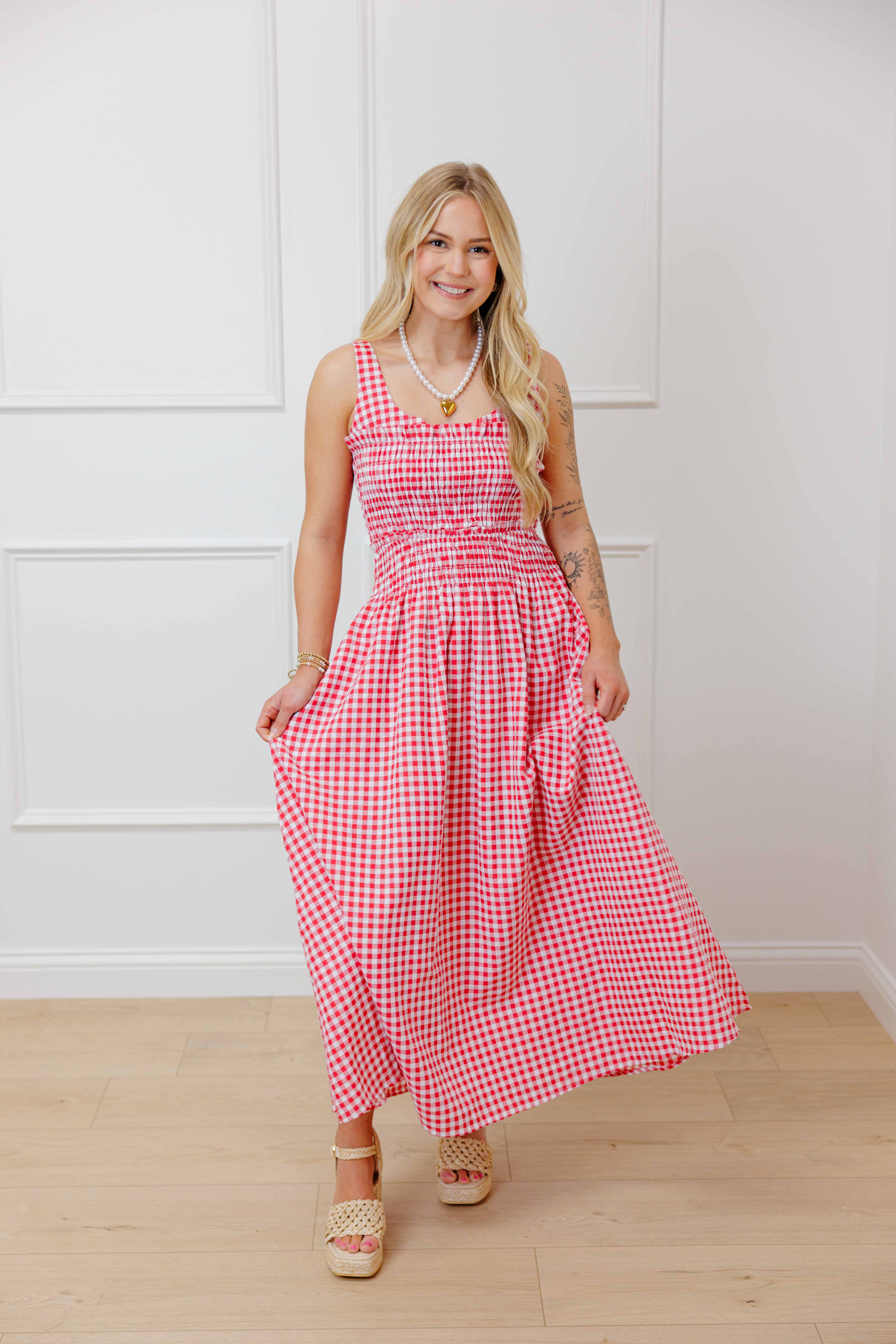 Red Gingham Smocked Midi Dress