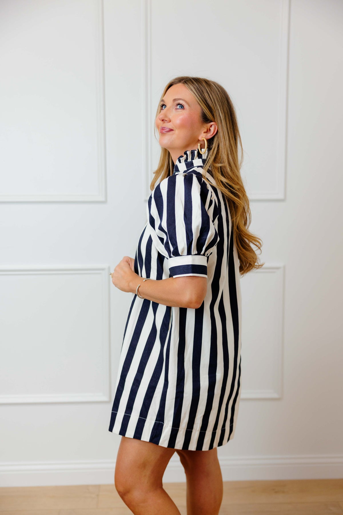 Navy Ruffle Neck Mini Dress