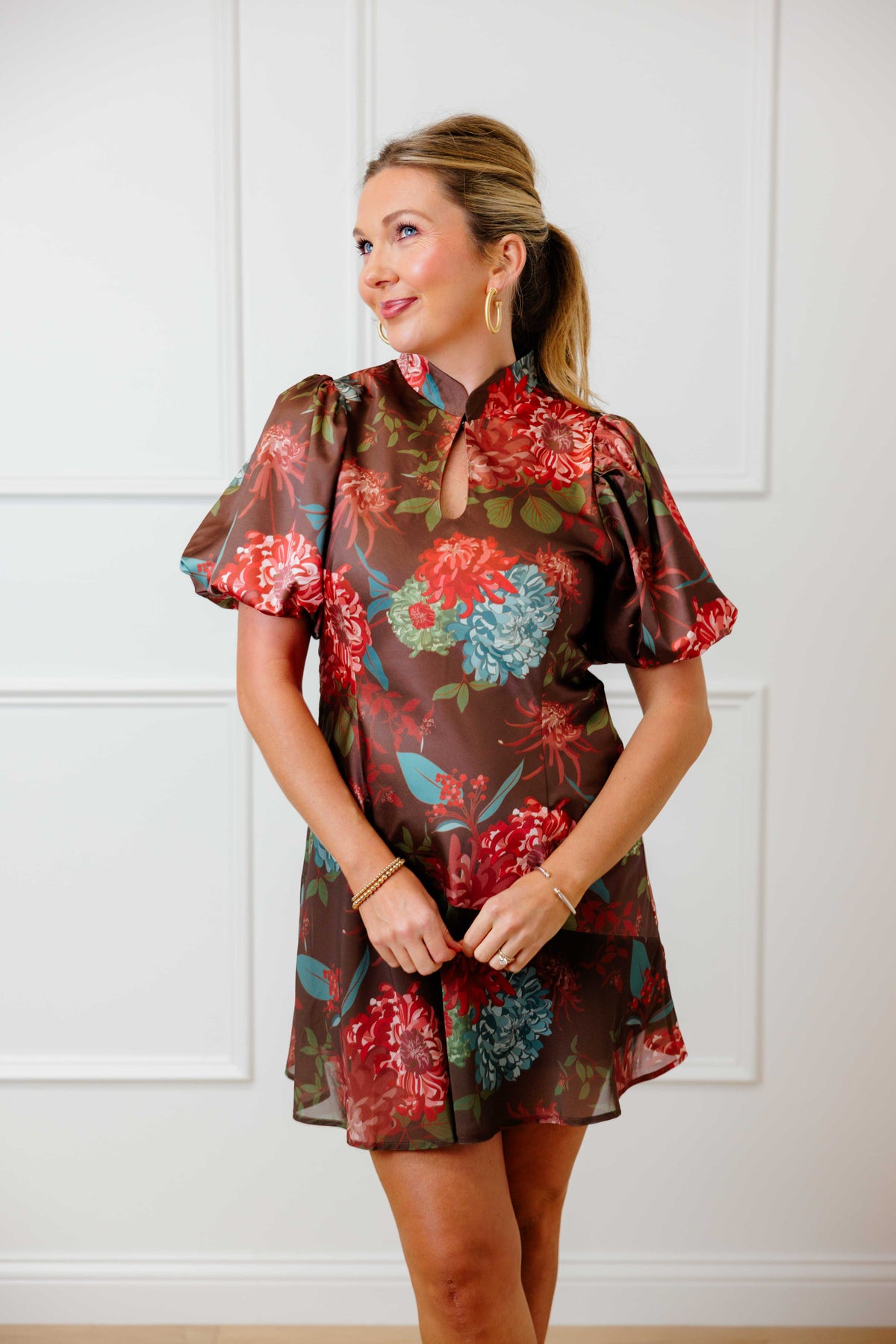 Chocolate Floral Satin Sheer Dress