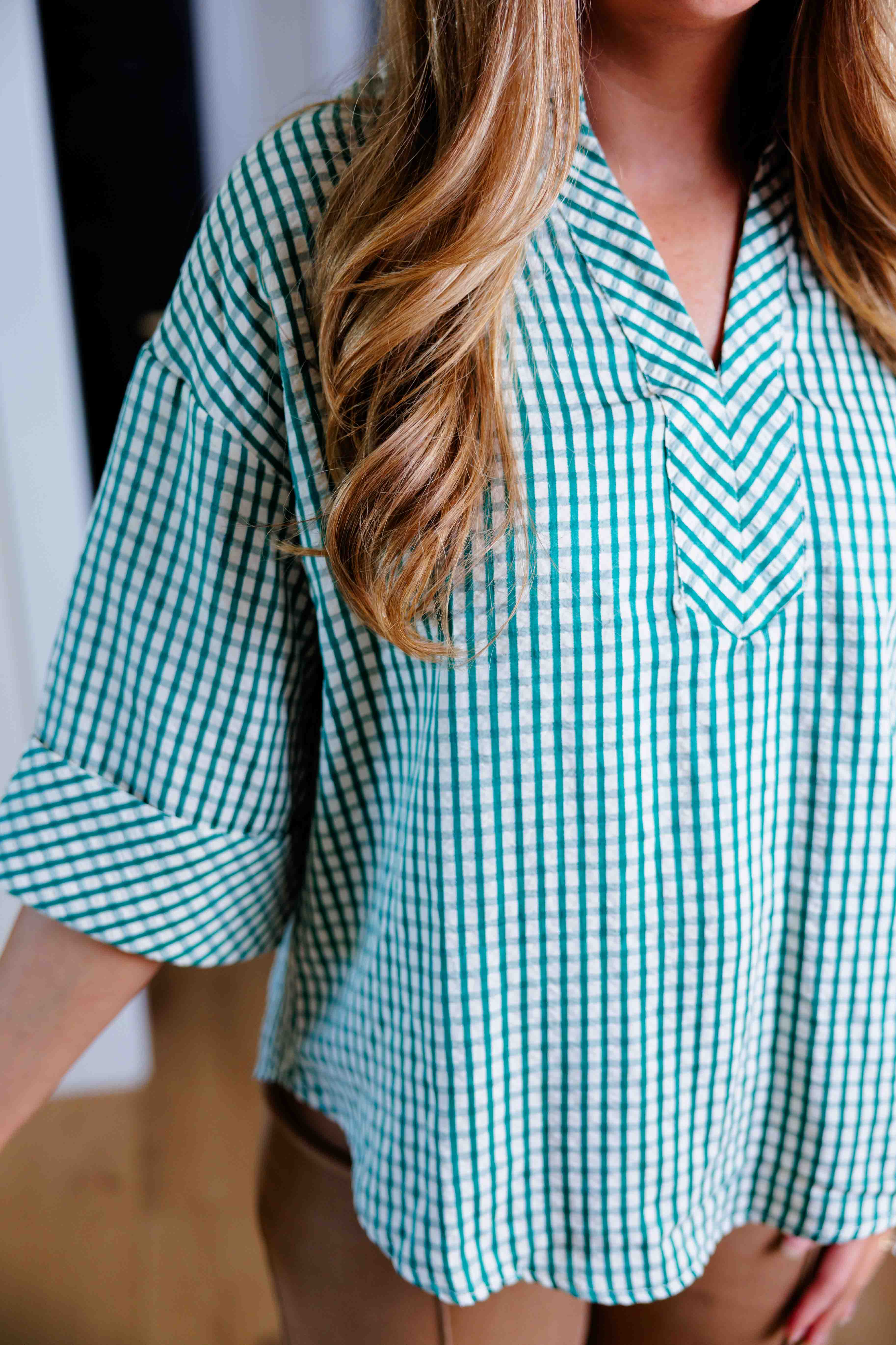 Green Gingham V-Neck Blouse