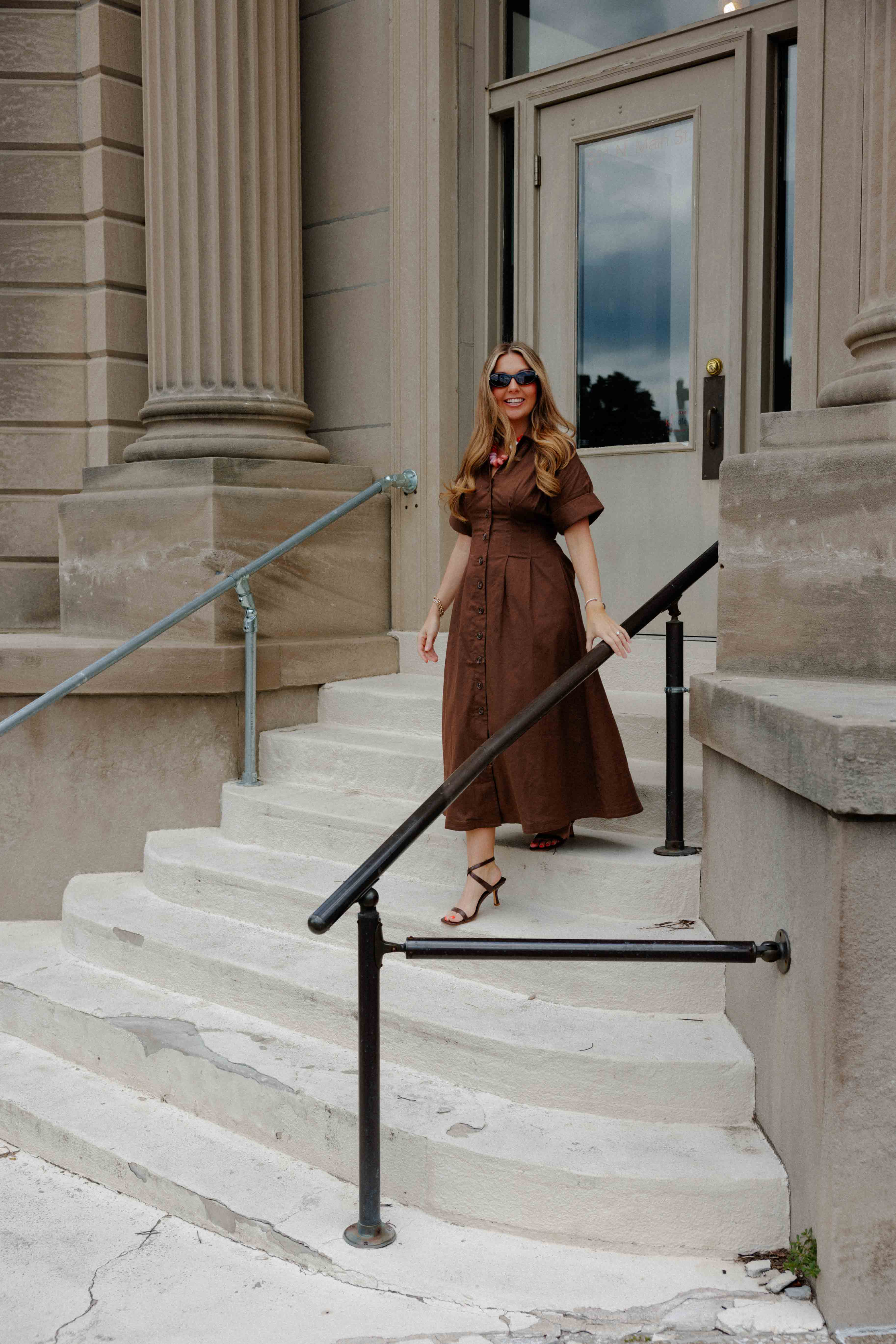 Brown Pleated Button Midi Dress