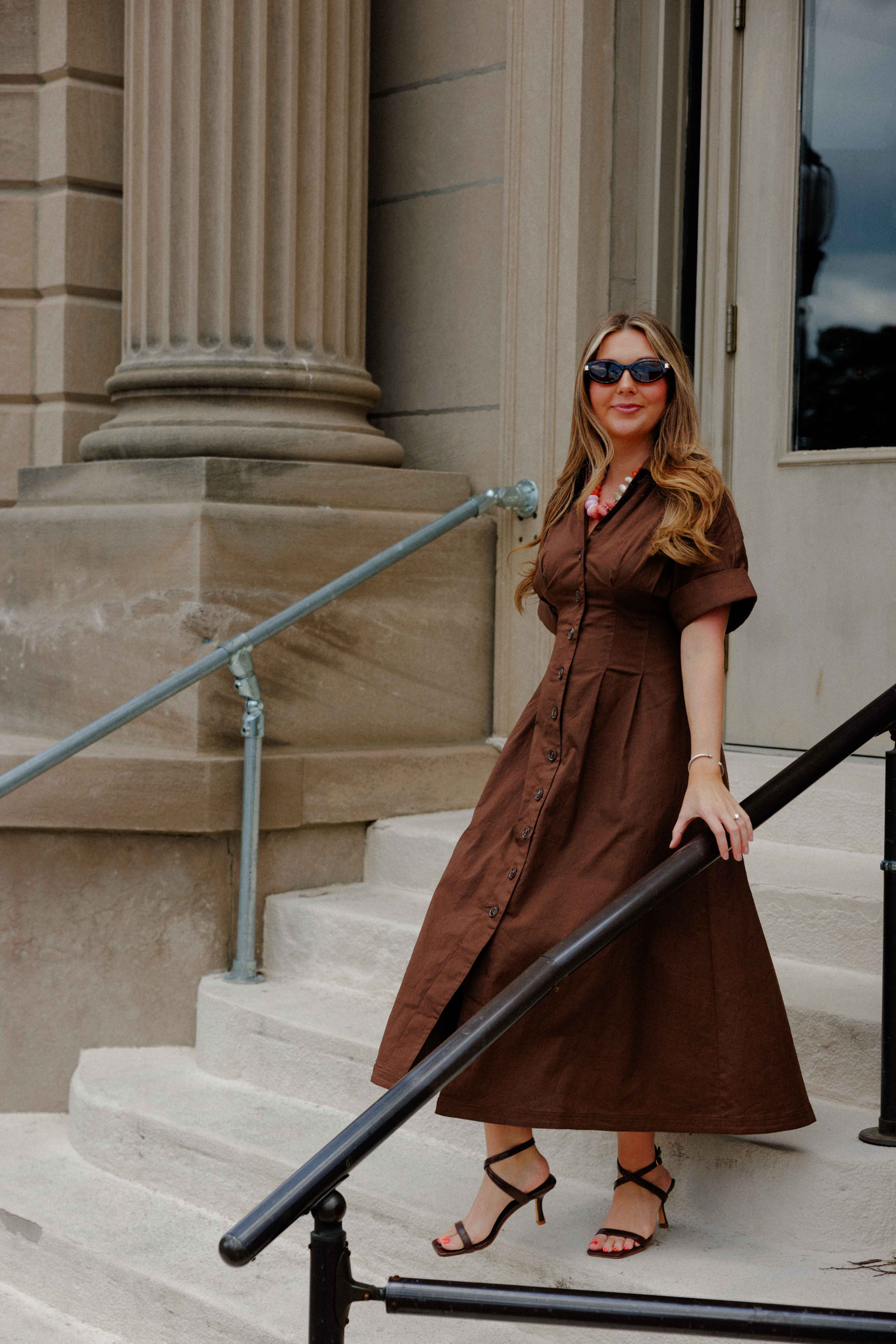 Brown Pleated Button Midi Dress