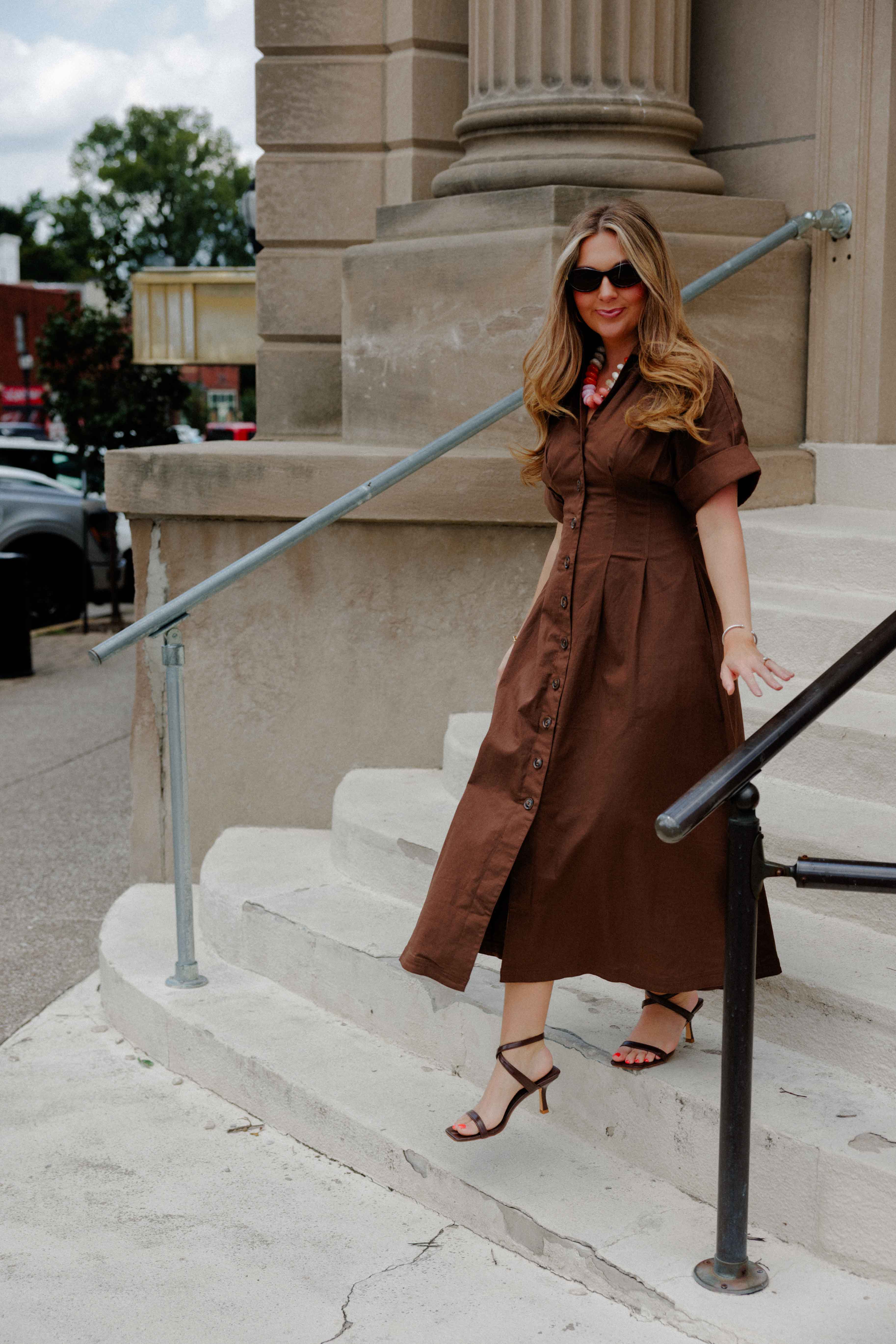Brown Pleated Button Midi Dress