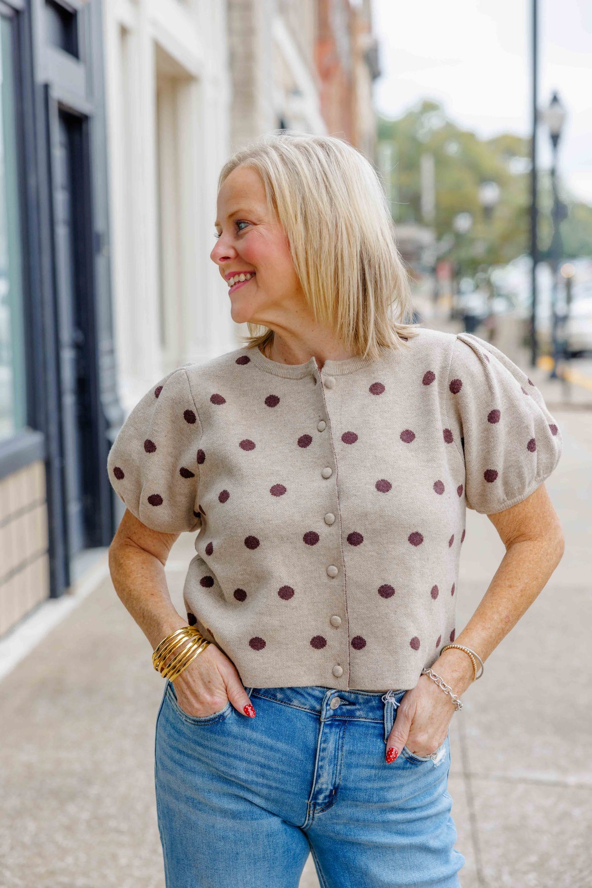 Taupe Polka Dot Puff Sweater