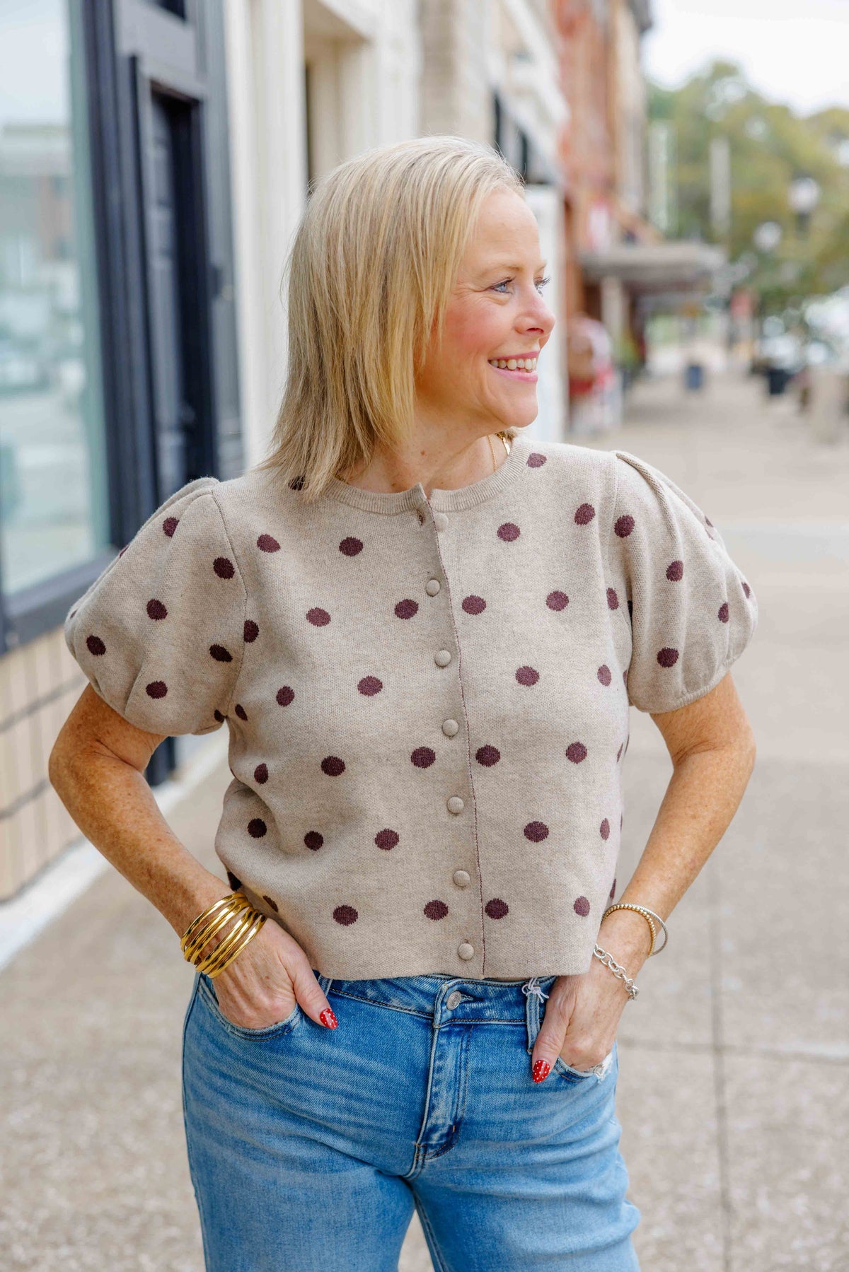 Taupe Polka Dot Puff Sweater