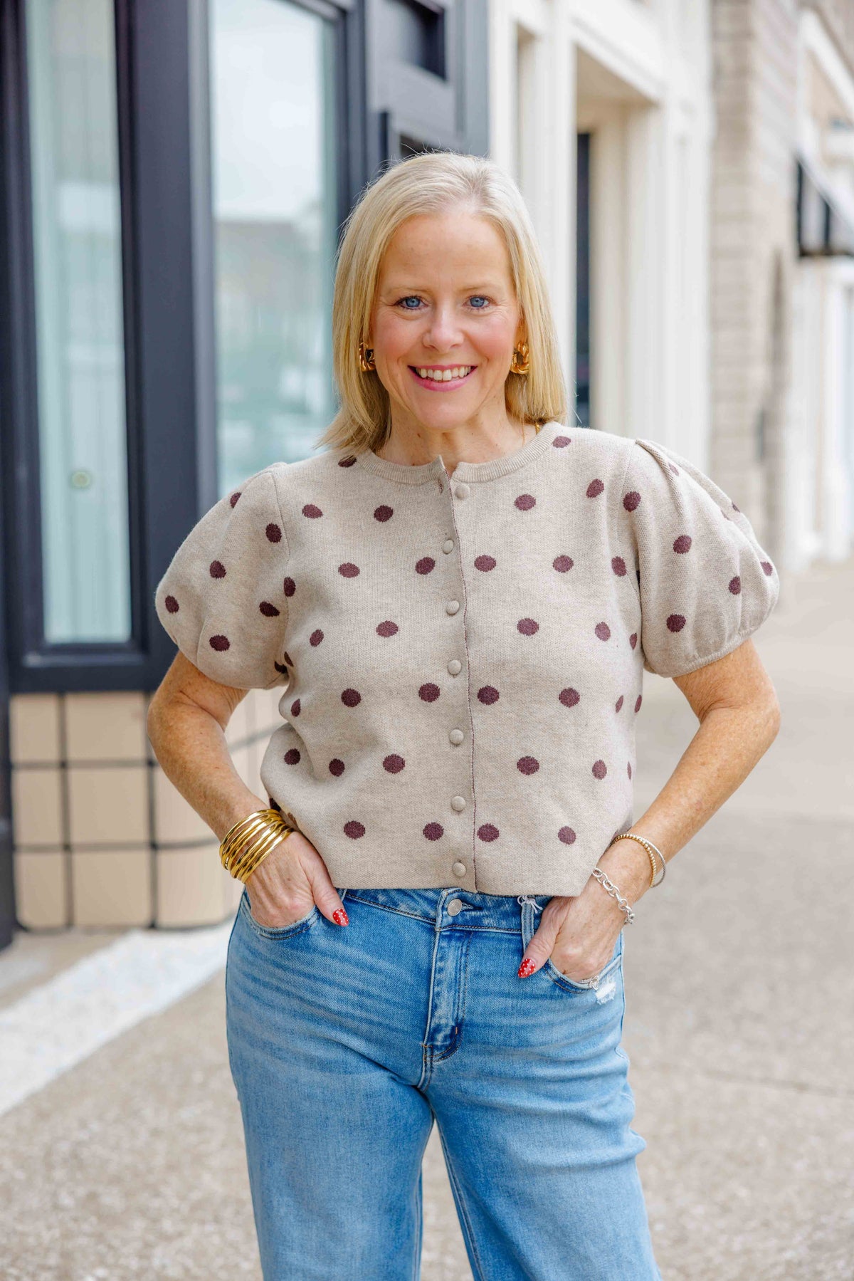 Taupe Polka Dot Puff Sweater