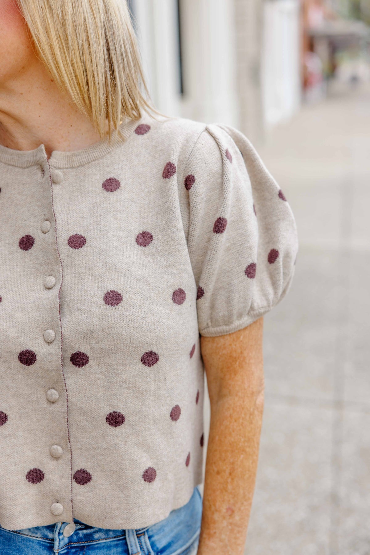 Taupe Polka Dot Puff Sweater