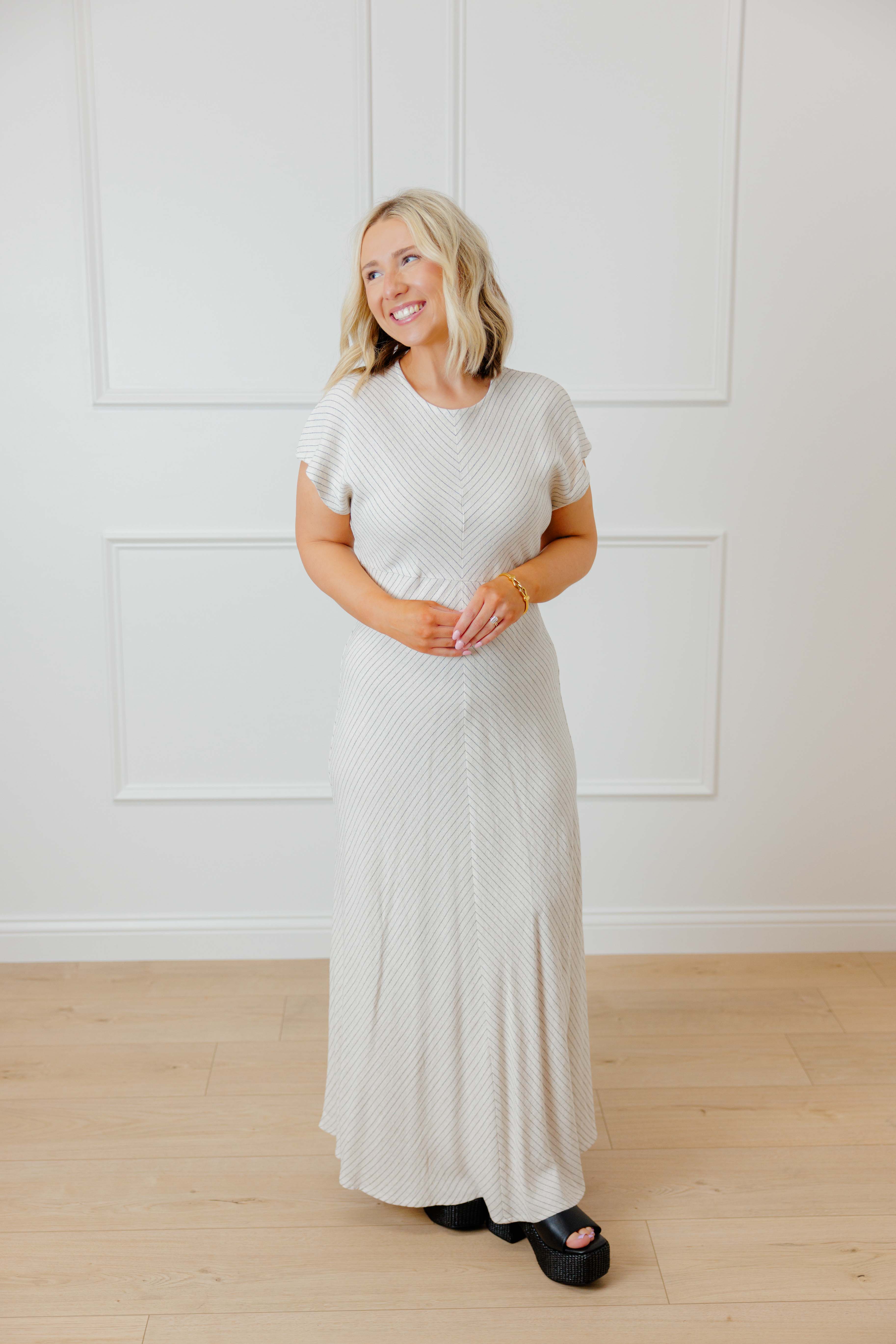 Linen Pinstripe Midi Dress