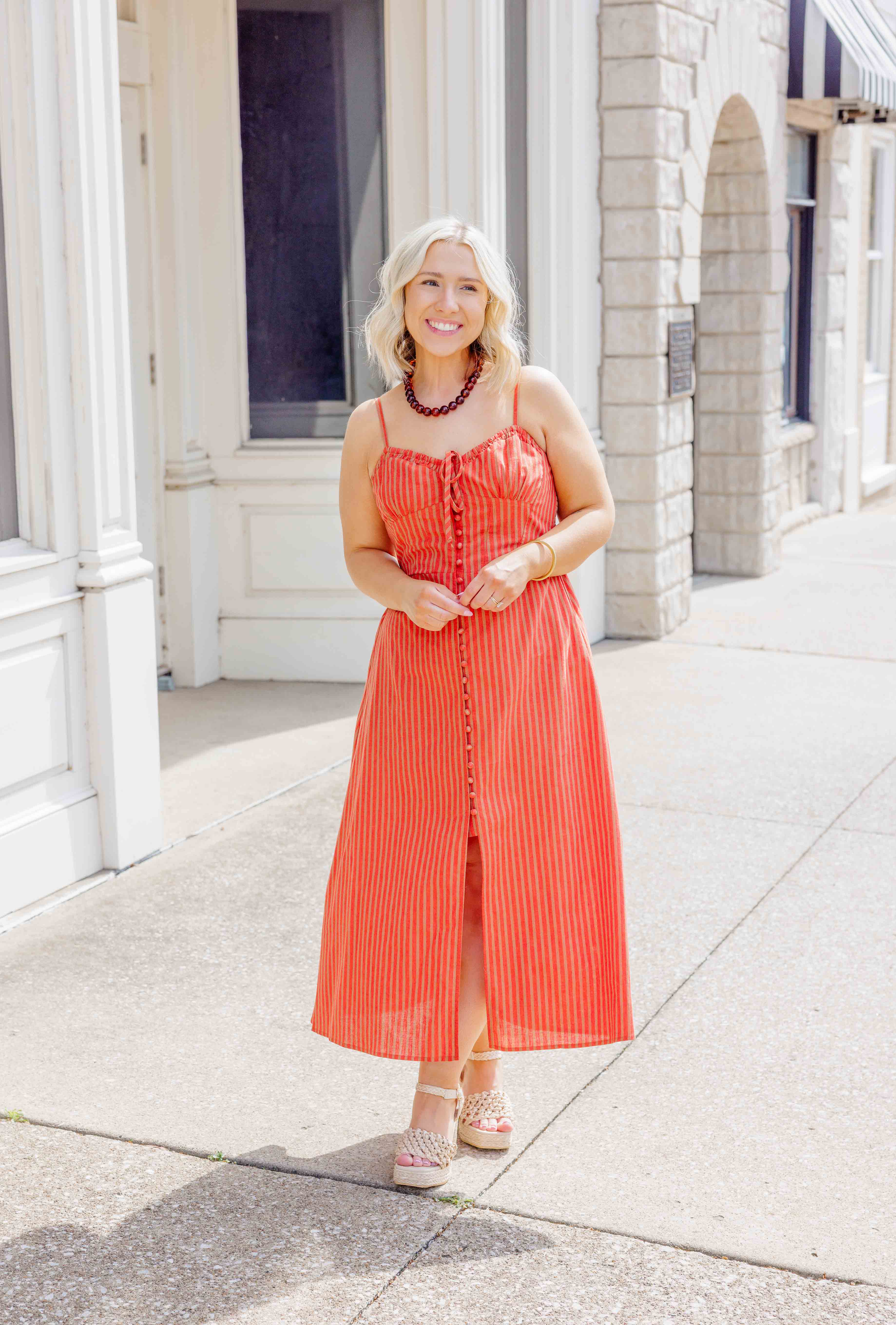 Orange Striped Linen Midi Dress