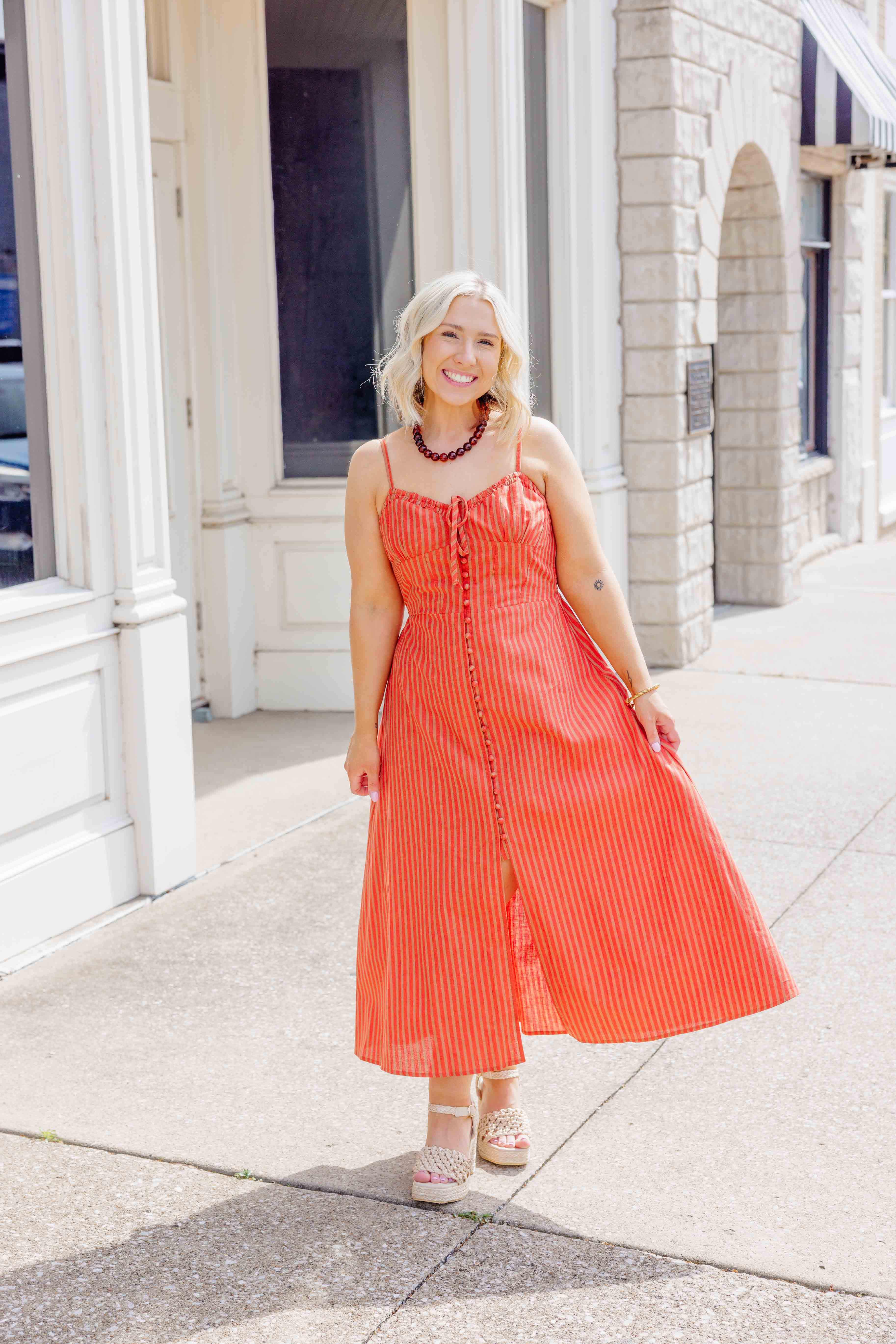 Orange Striped Linen Midi Dress