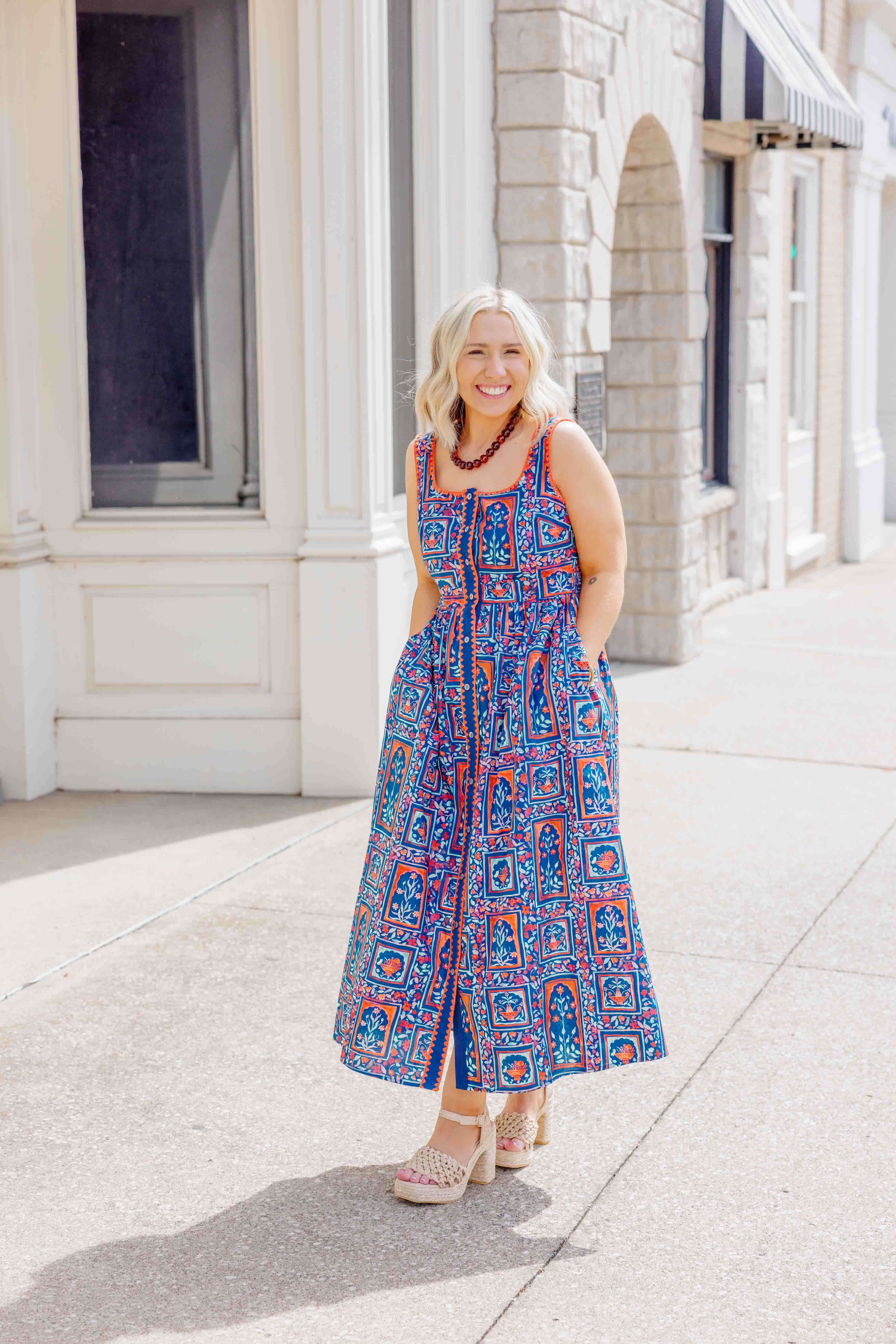 Navy Floral Button Dress
