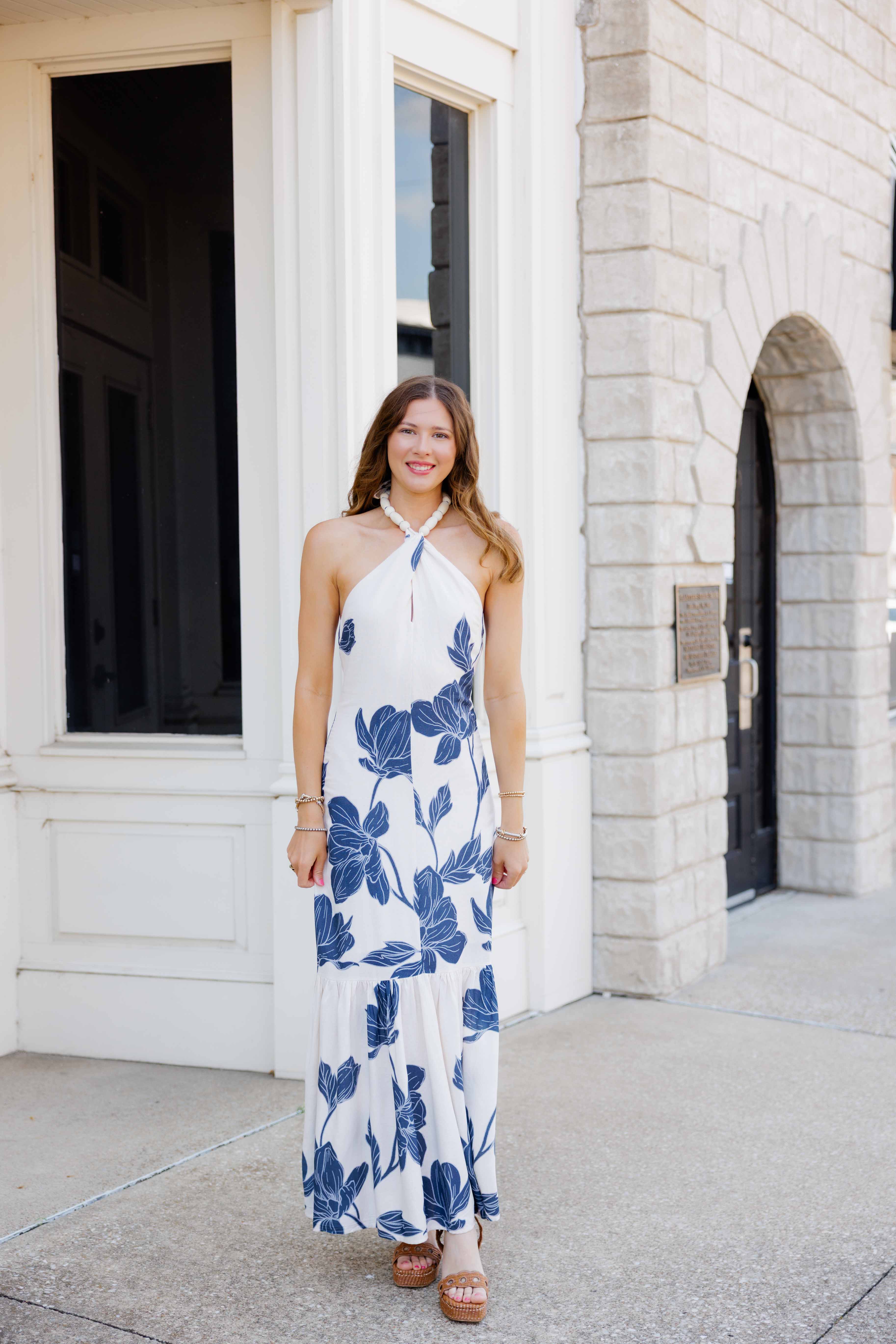 Navy Floral Halter Maxi Dress