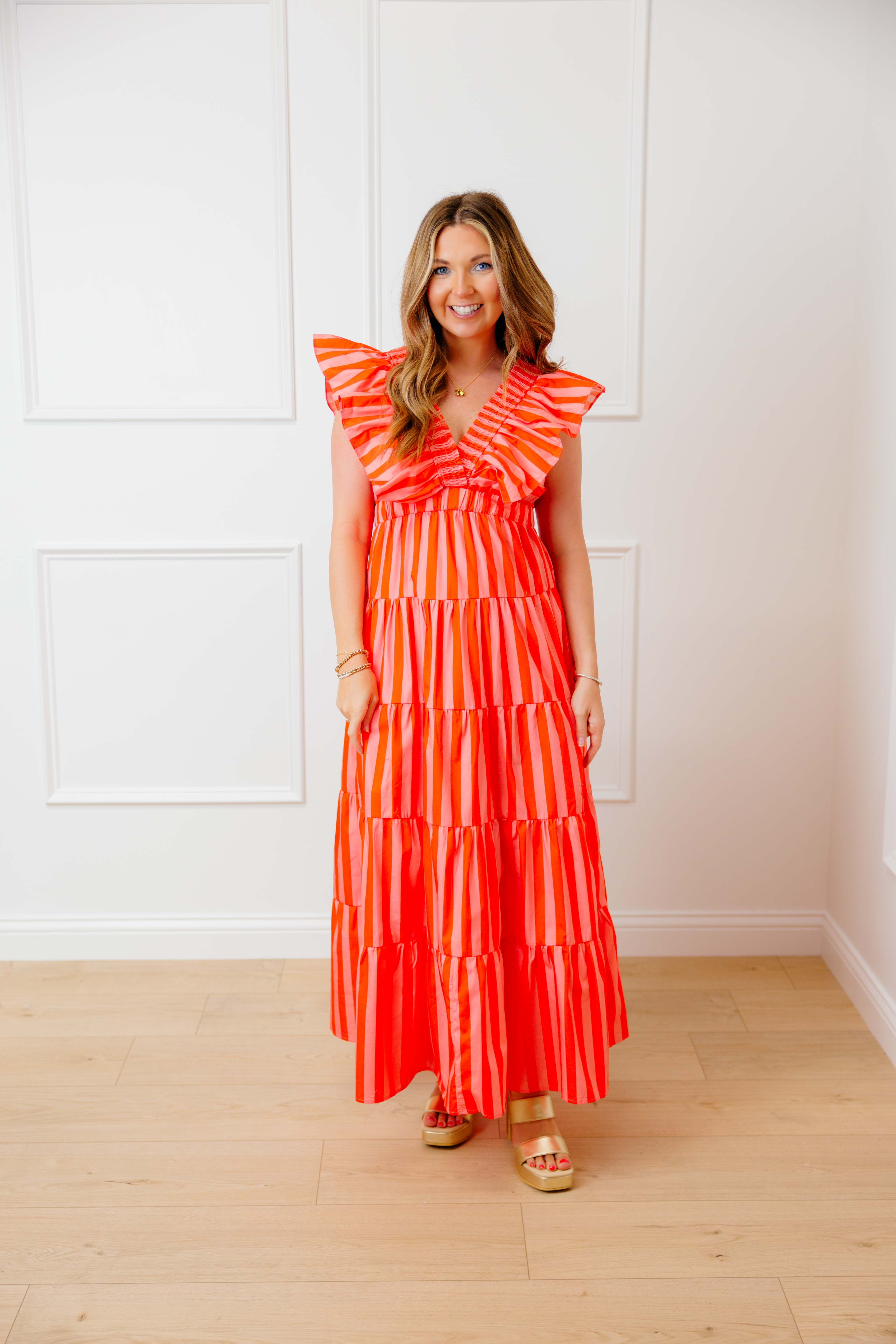 Peach Striped Midi Dress