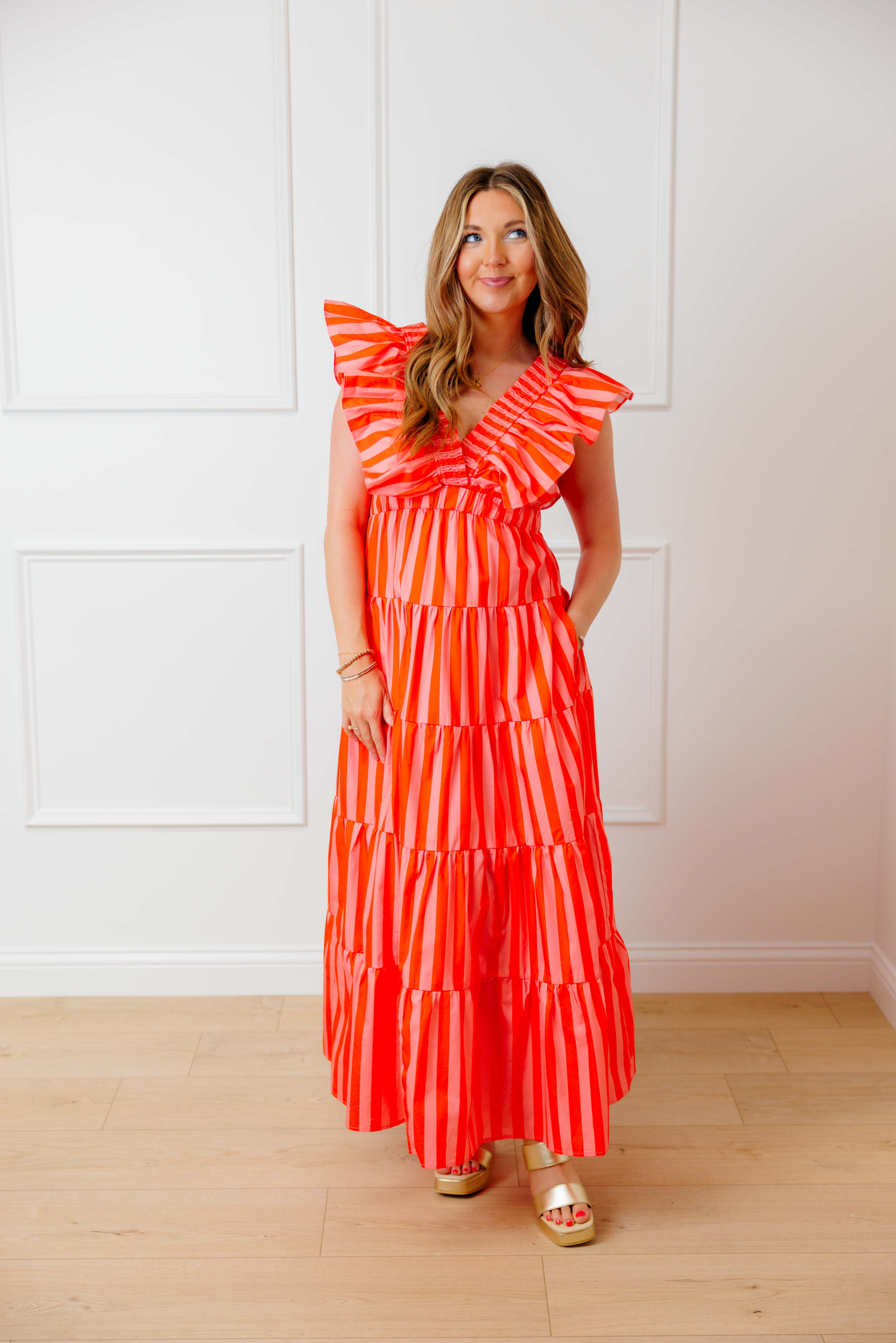Peach Striped Midi Dress