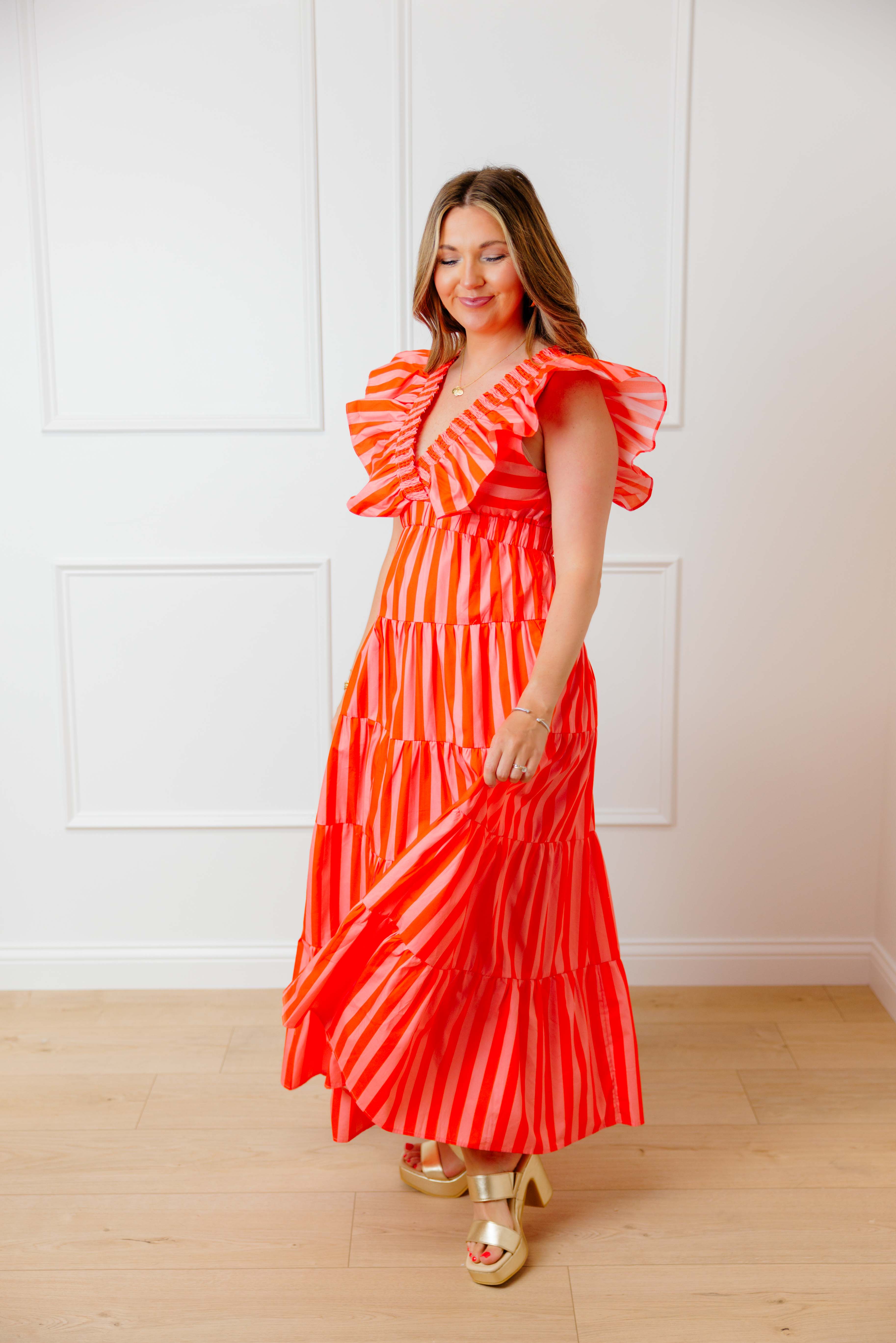 Peach Striped Midi Dress