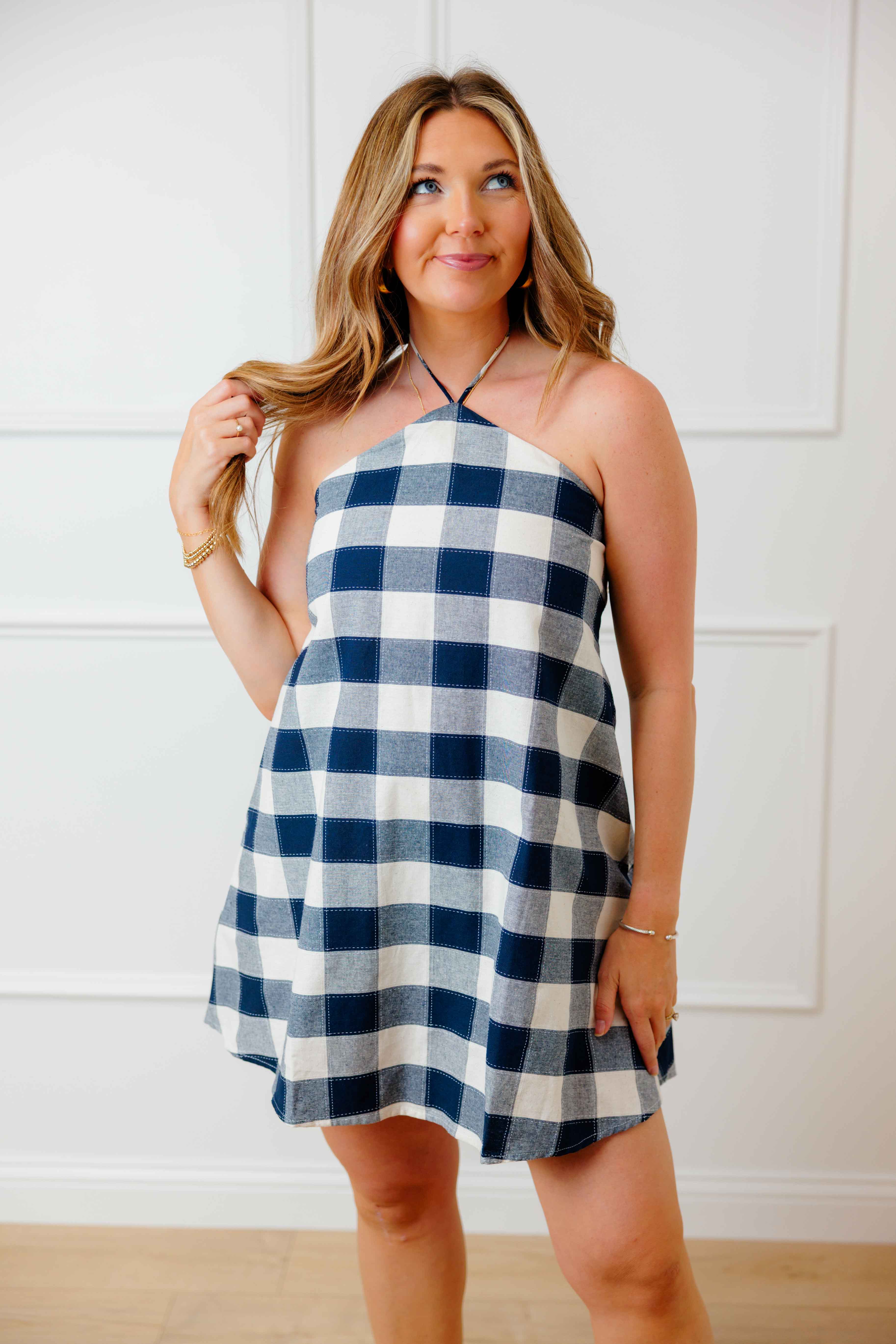 Navy Gingham Halter Dress
