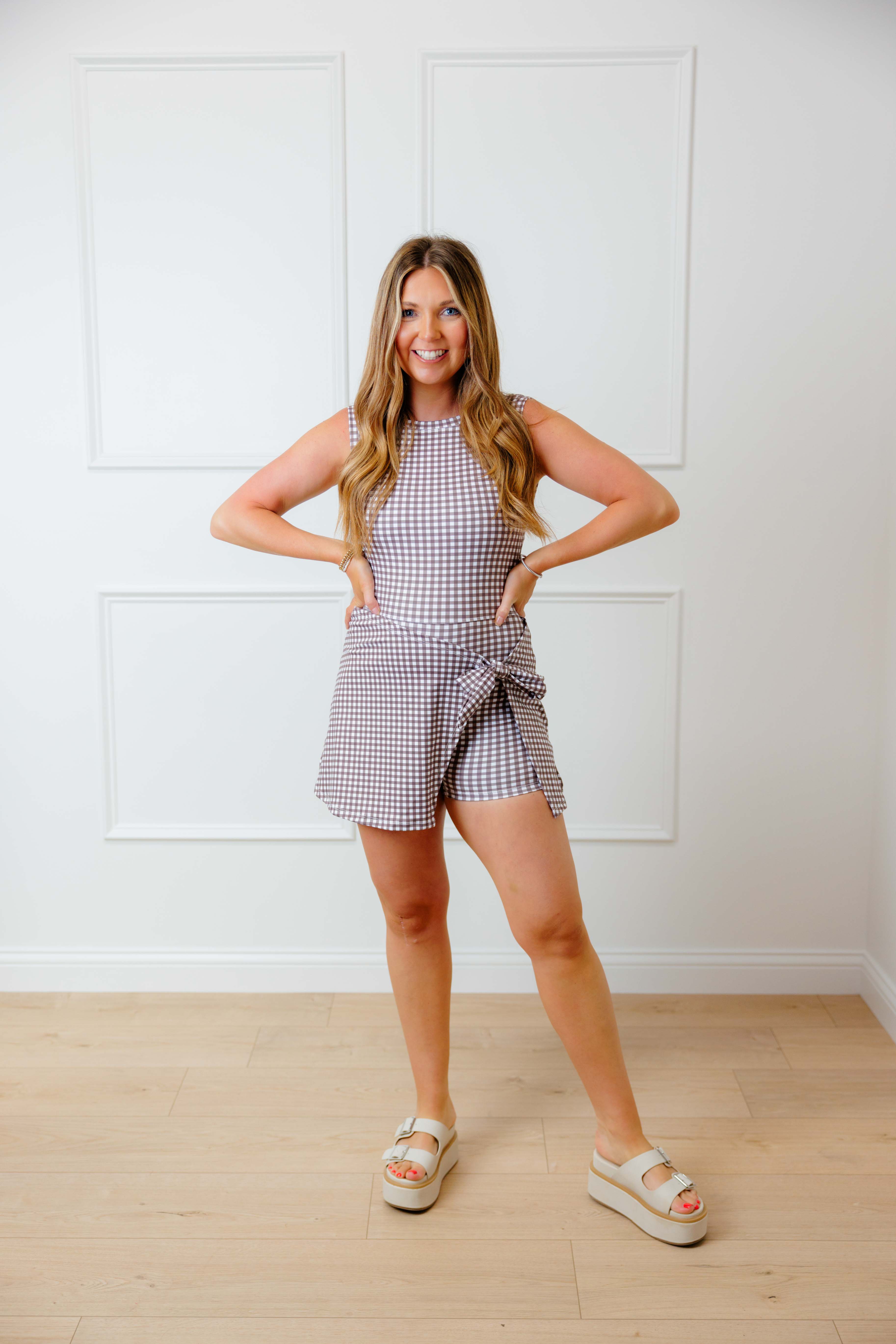 Brown Gingham Tie Front Dress