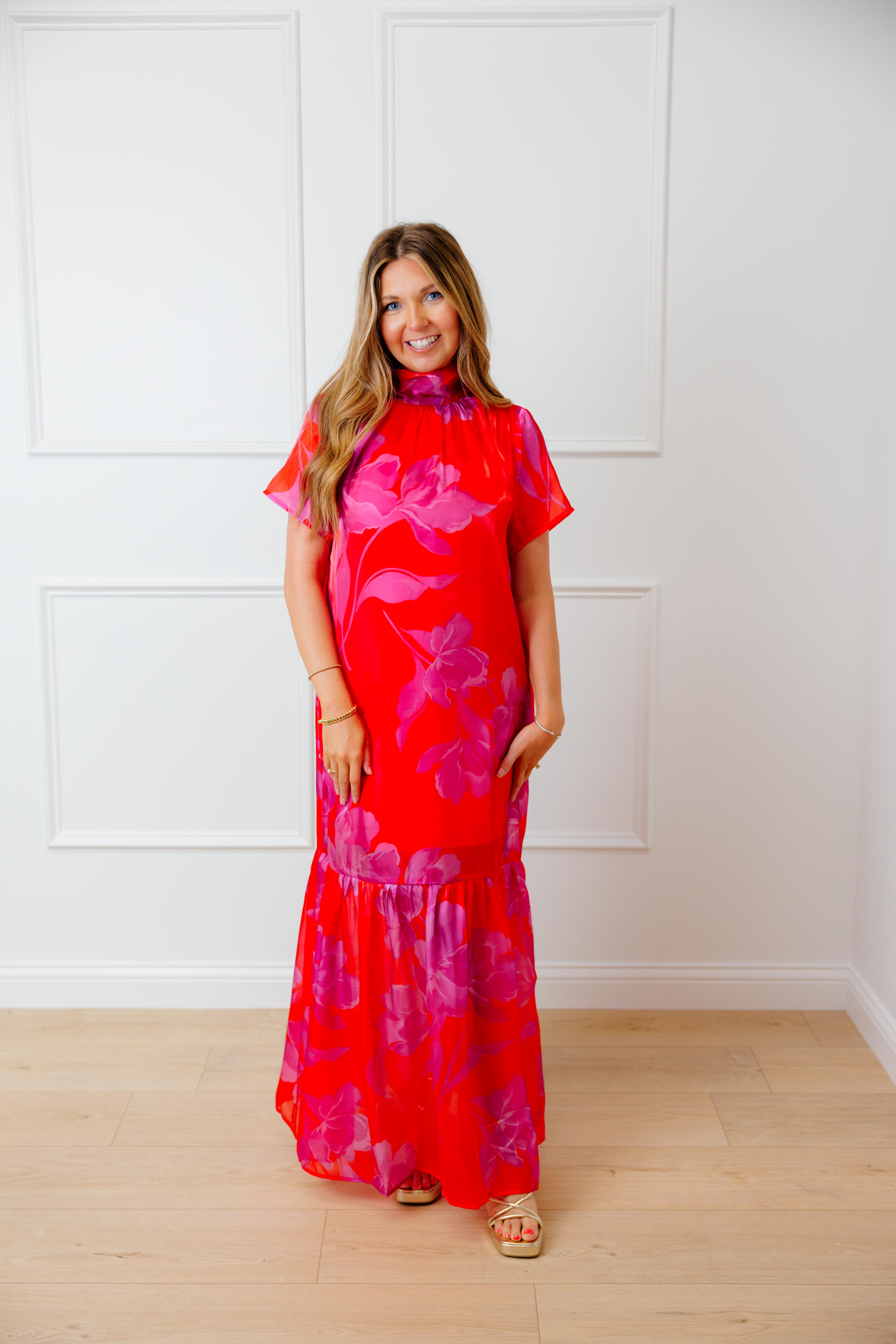 Red Fuchsia Organza Maxi Dress
