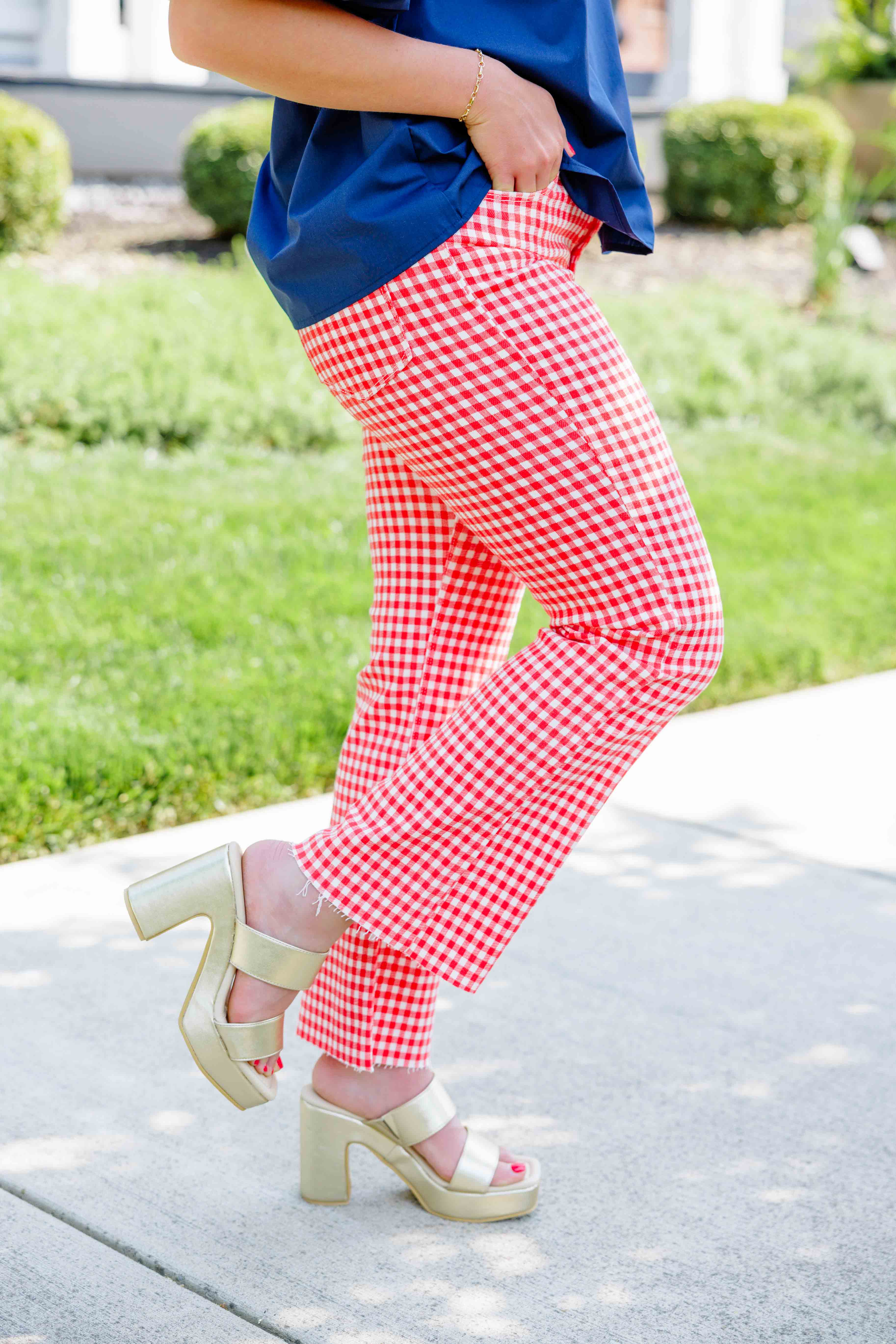 Red Gingham Cropped Jeans