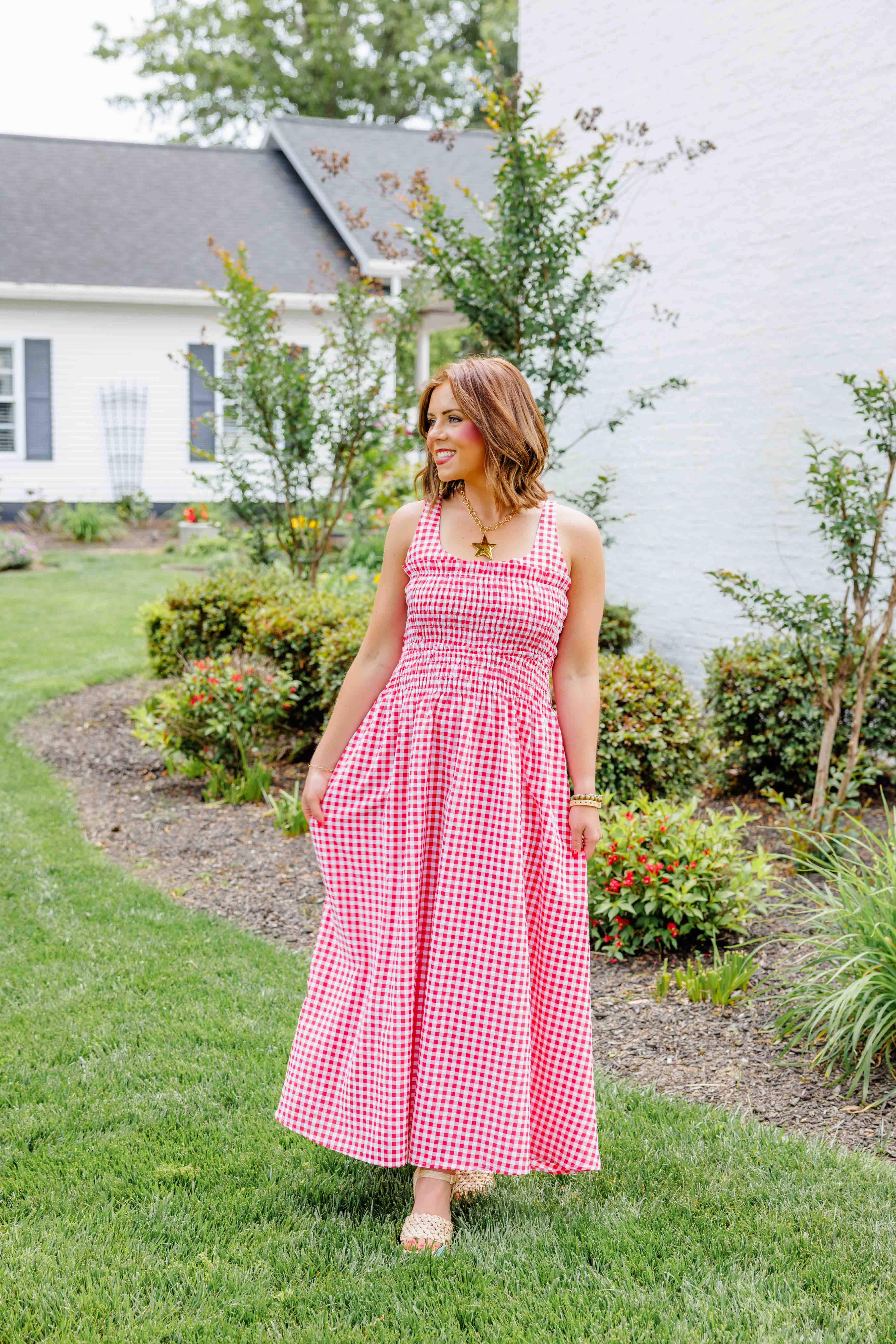 Red Gingham Smocked Midi Dress