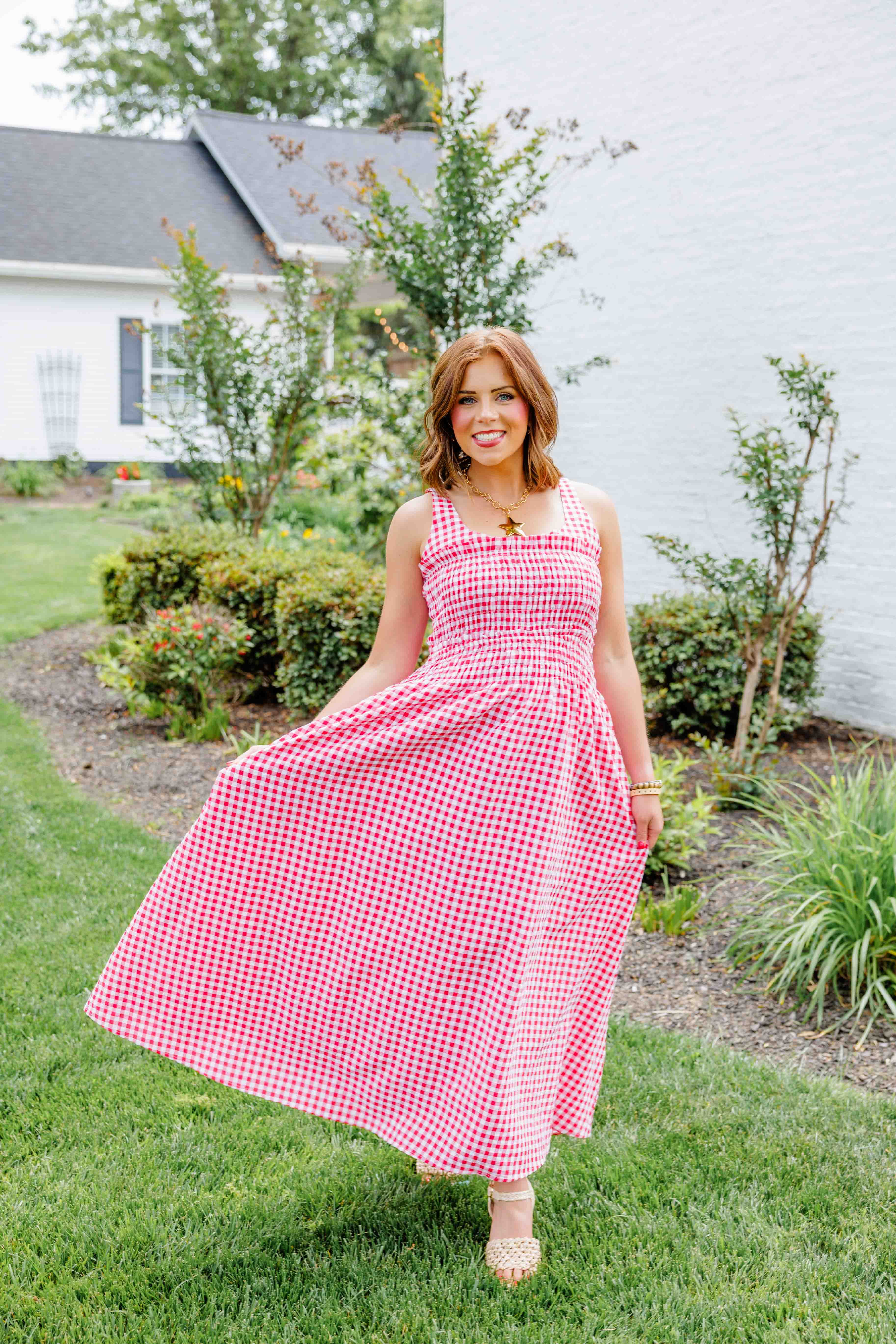 Red Gingham Smocked Midi Dress