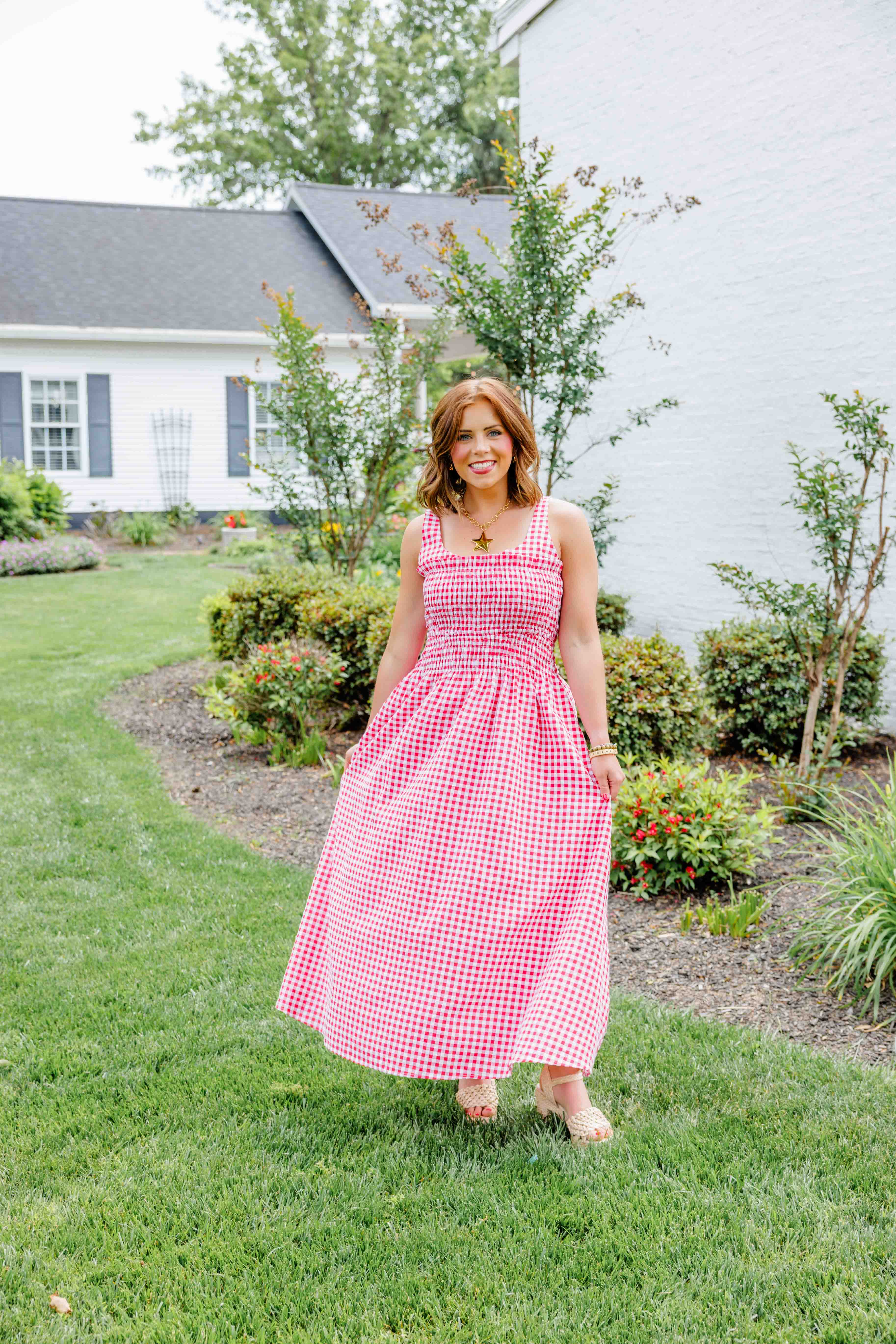 Red Gingham Smocked Midi Dress