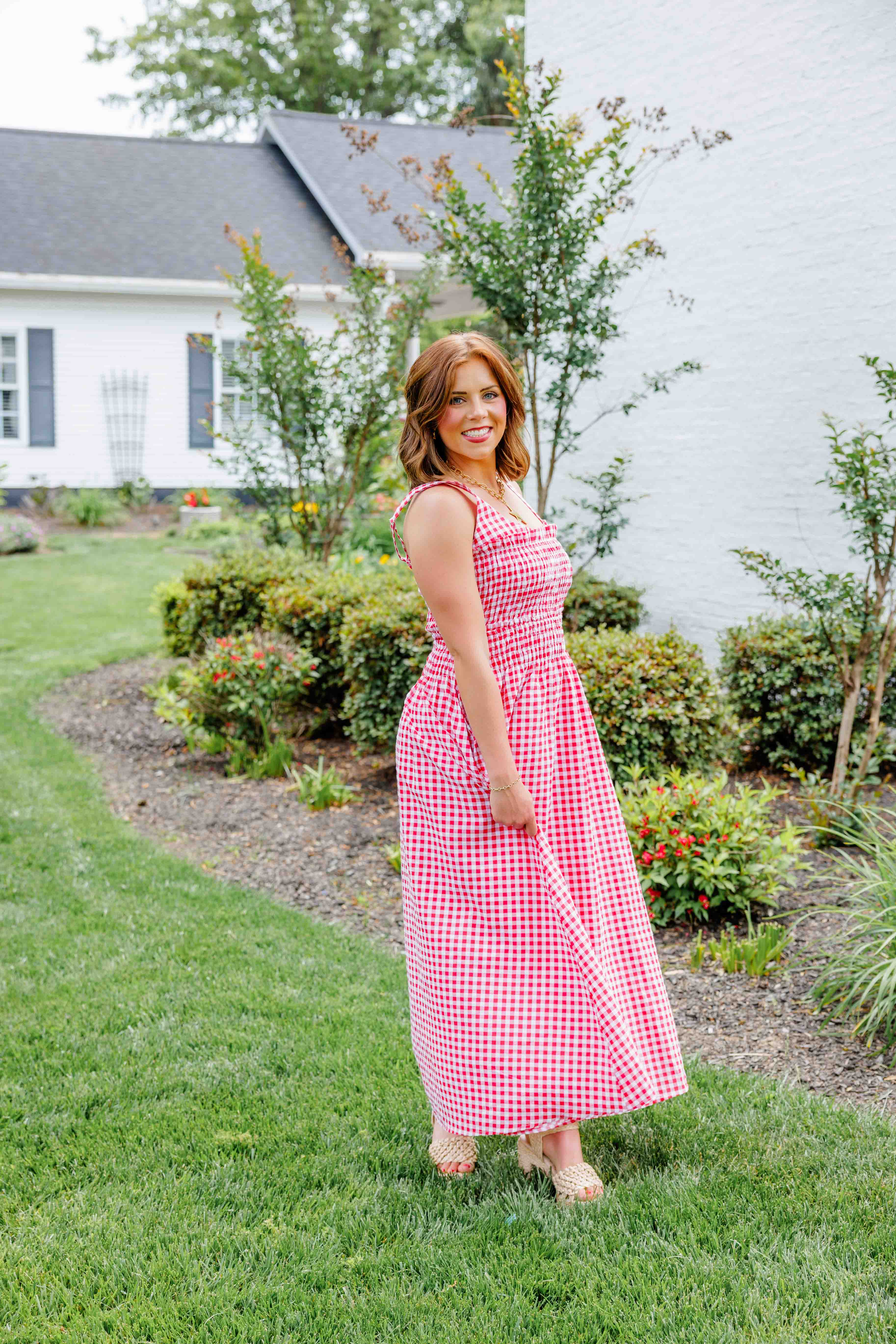 Red Gingham Smocked Midi Dress