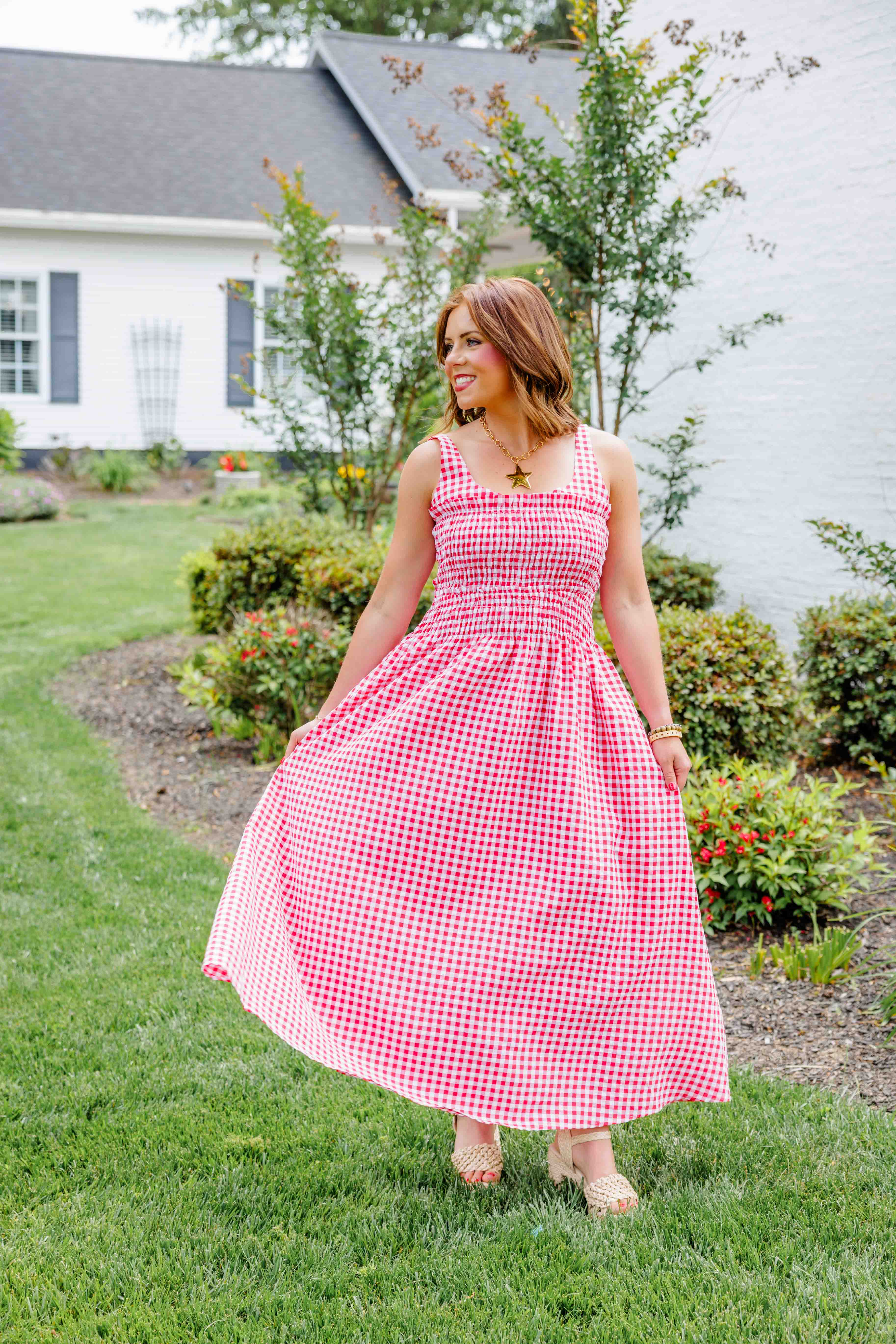Red Gingham Smocked Midi Dress
