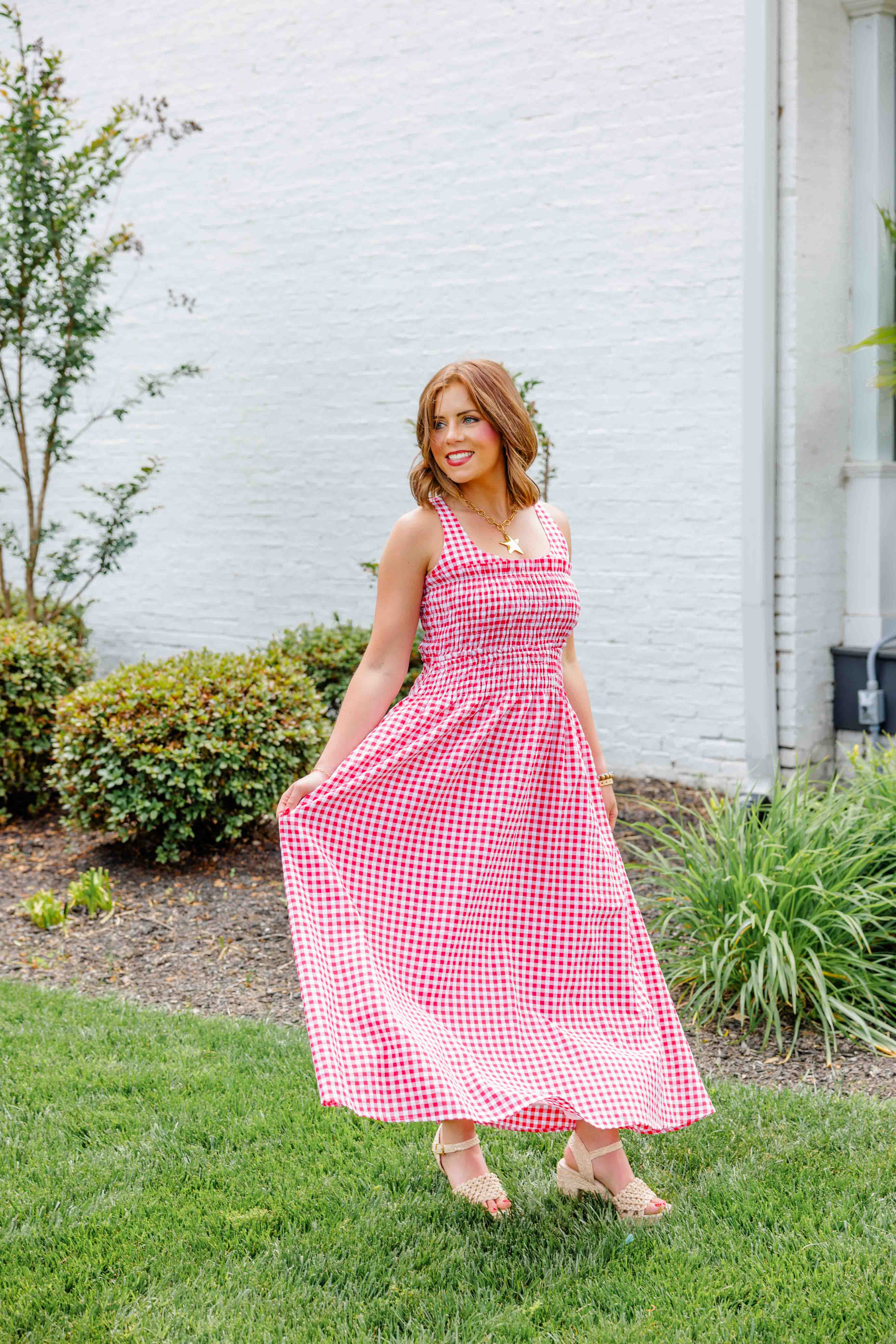 Red Gingham Smocked Midi Dress