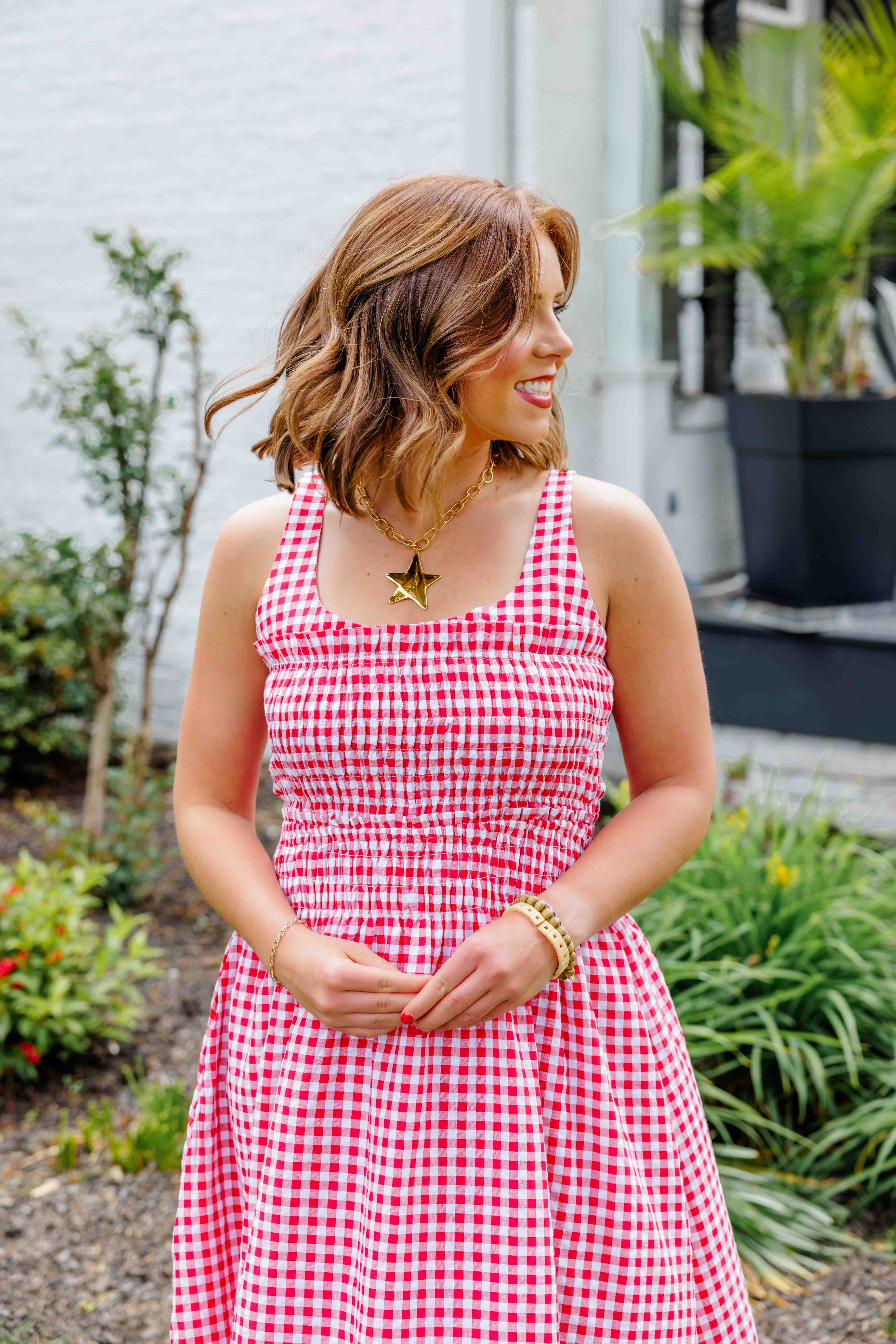 Red Gingham Smocked Midi Dress