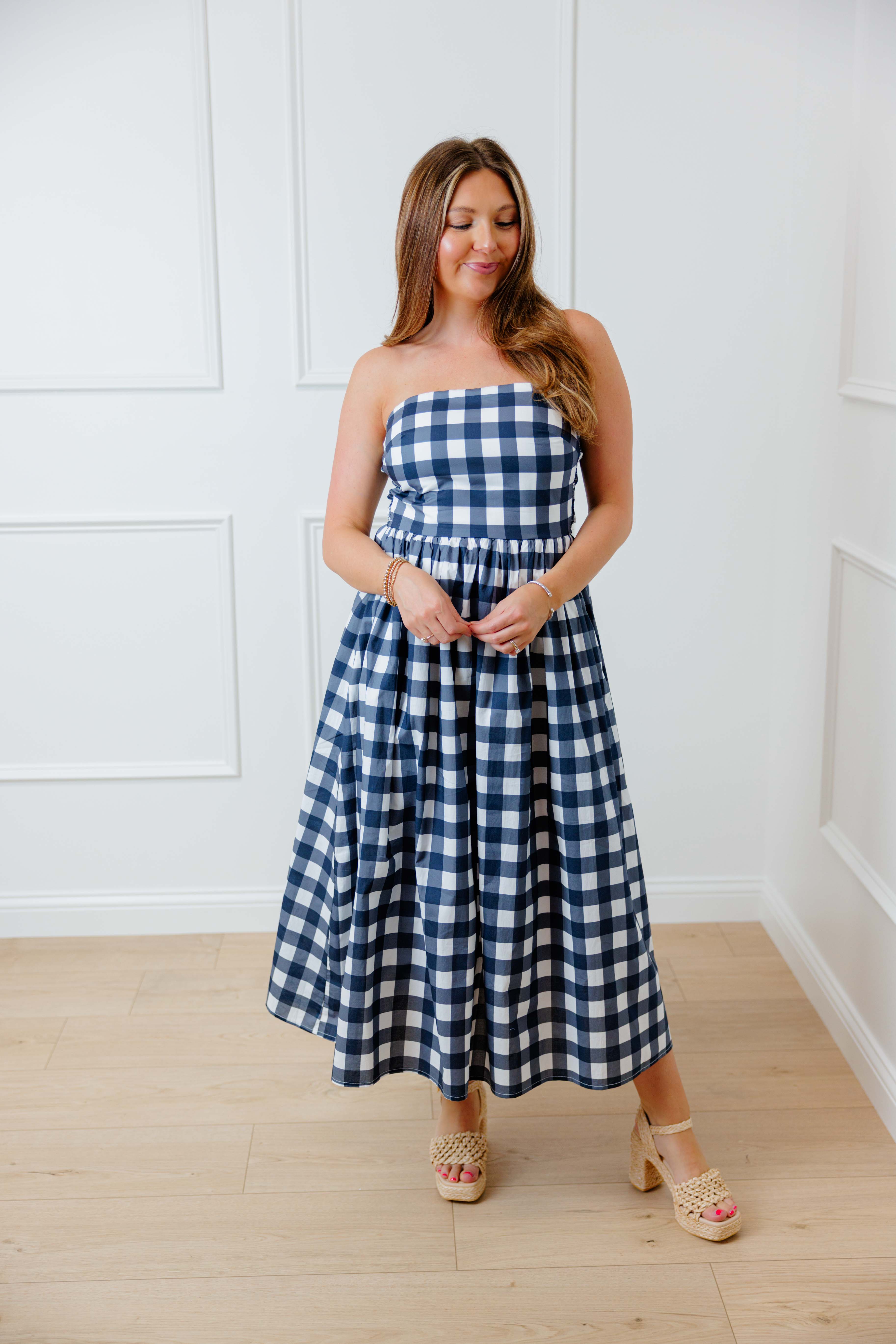 Navy Gingham Midi Dress