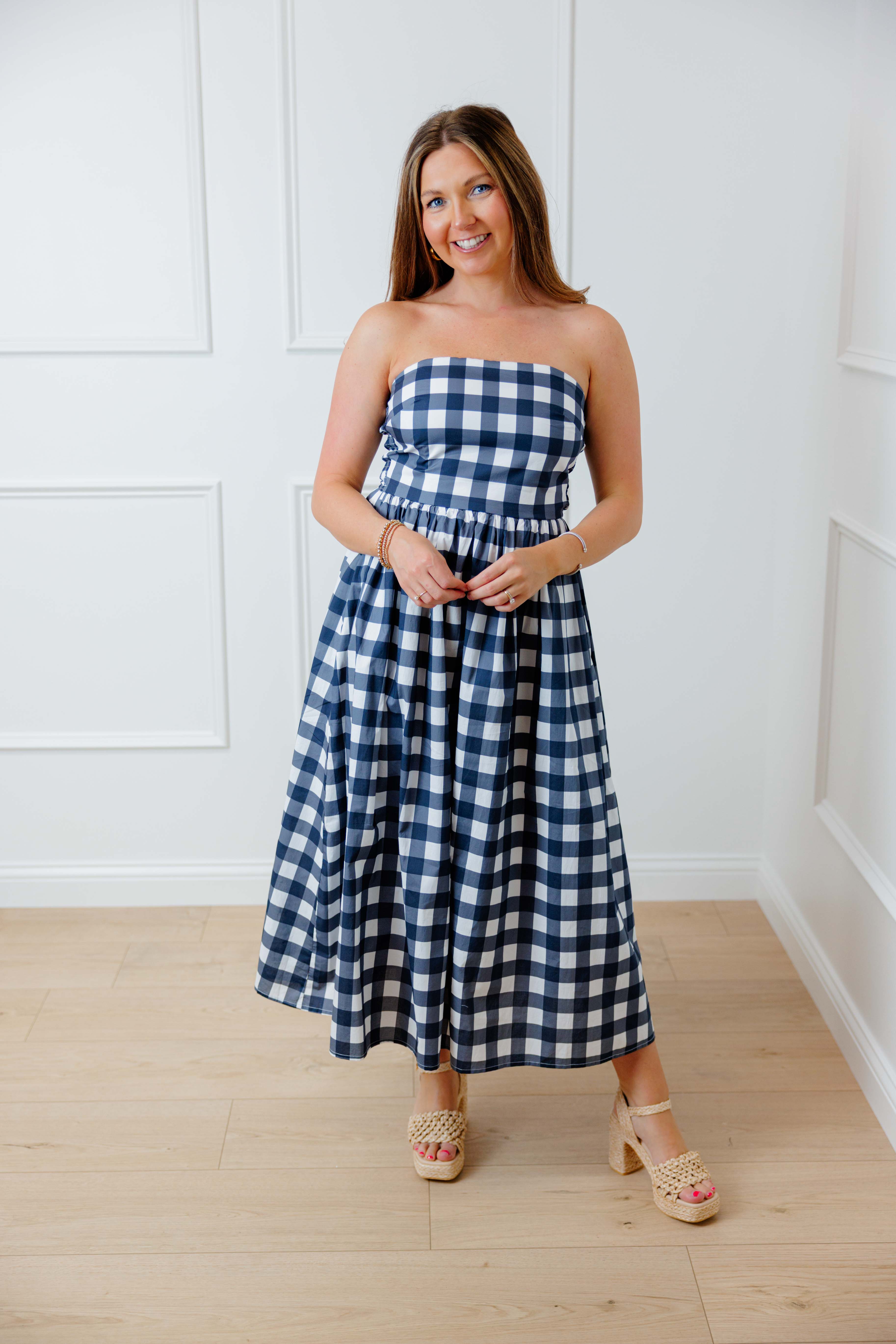 Navy Gingham Midi Dress