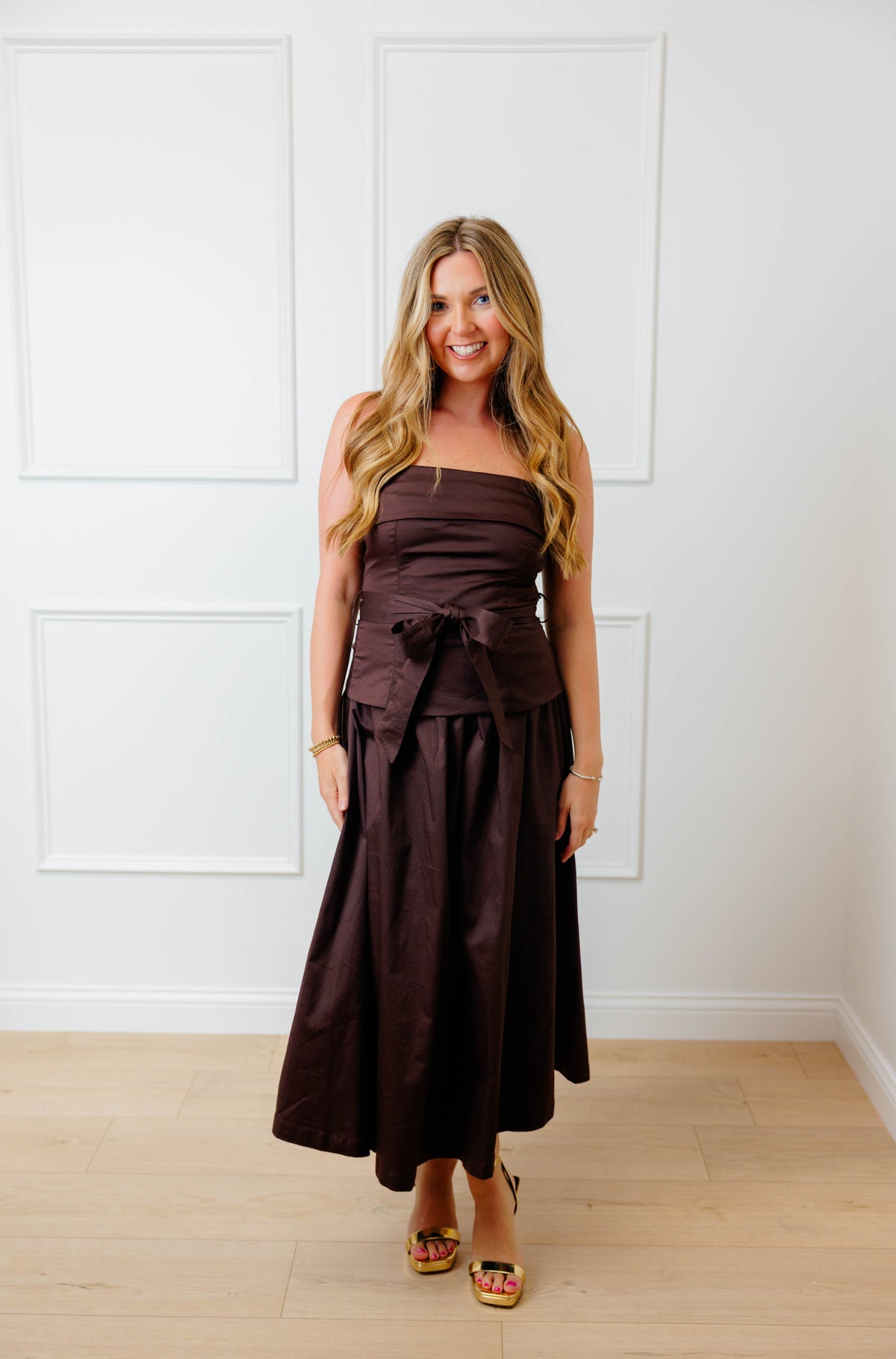 Brown Strapless Tie Midi Dress