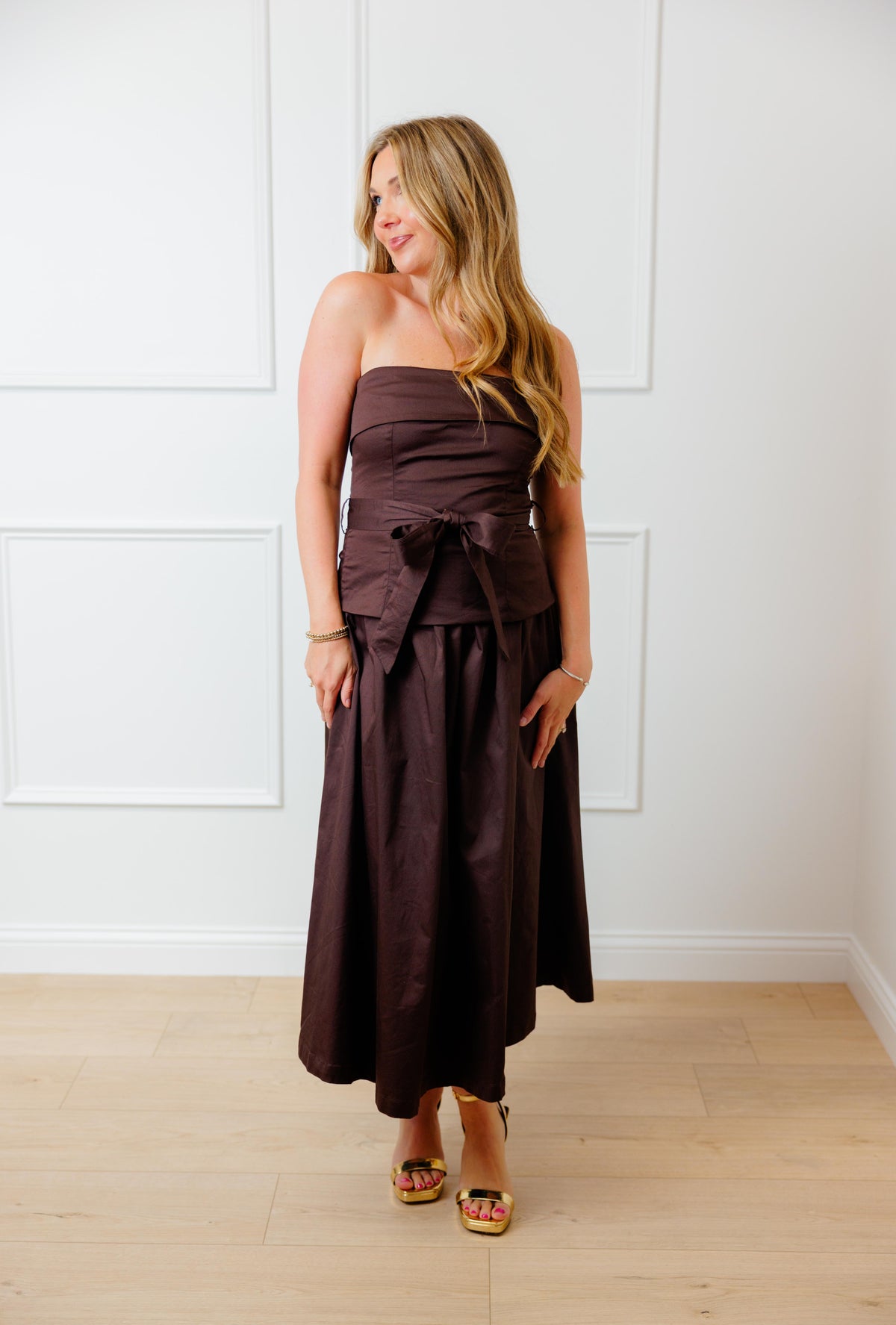 Brown Strapless Tie Midi Dress