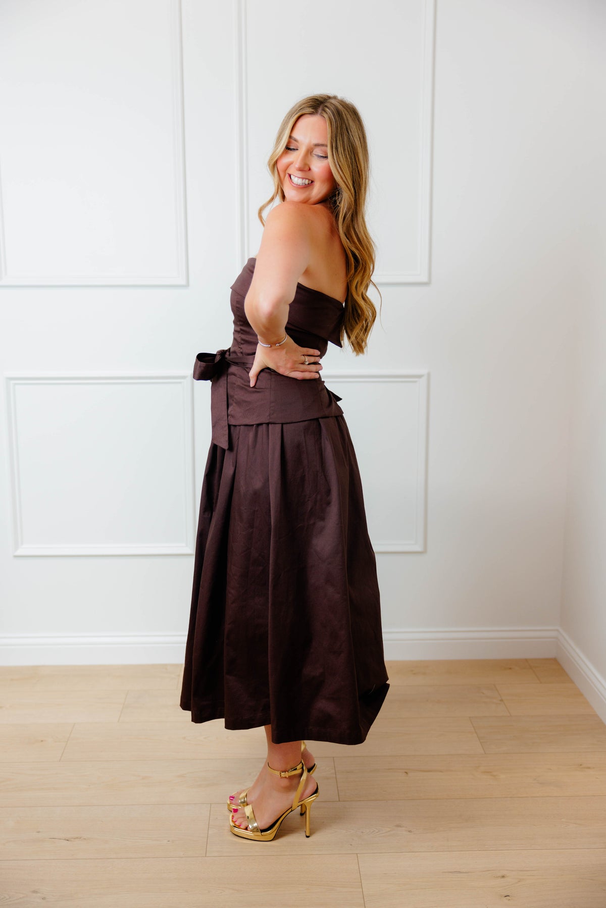 Brown Strapless Tie Midi Dress
