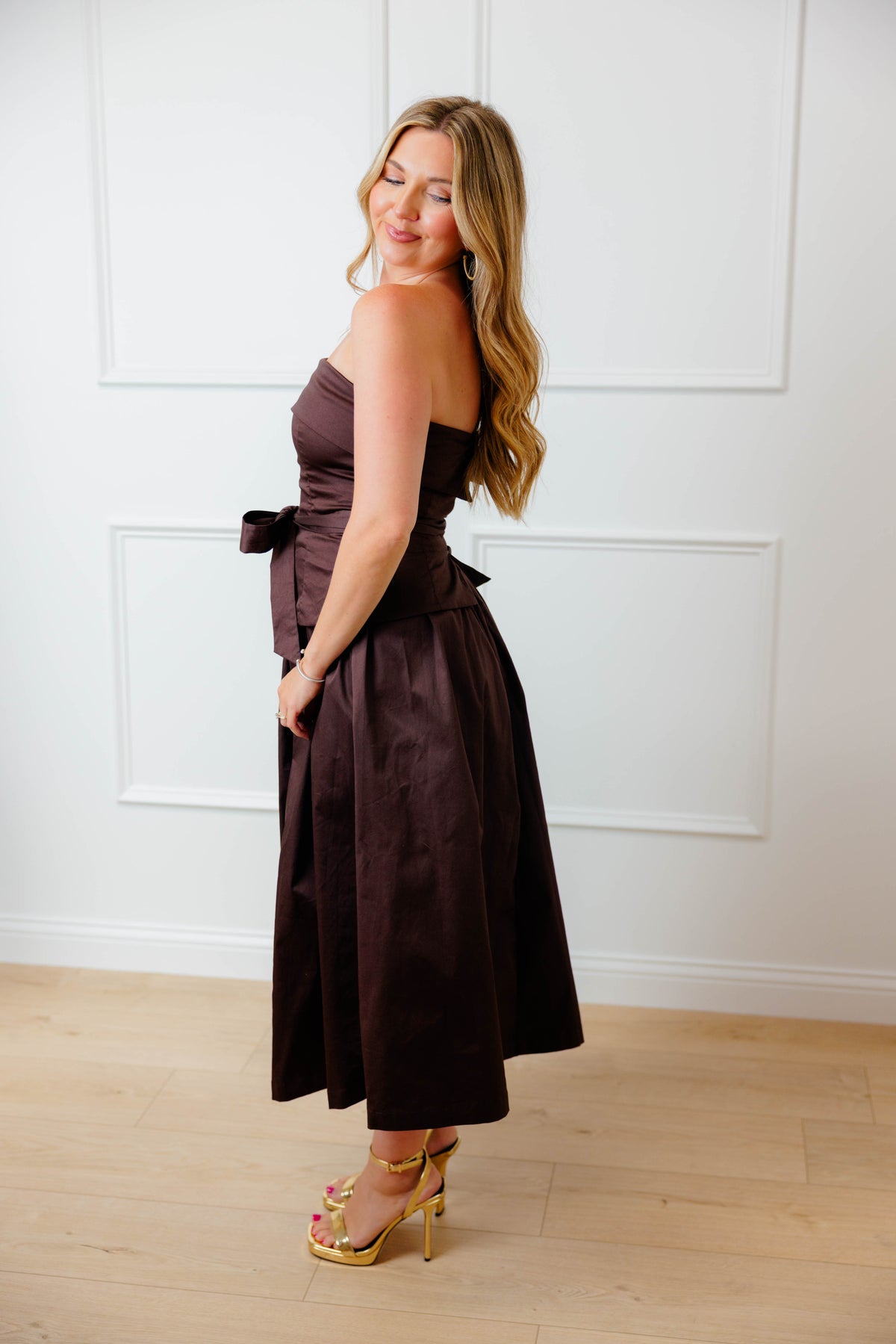 Brown Strapless Tie Midi Dress