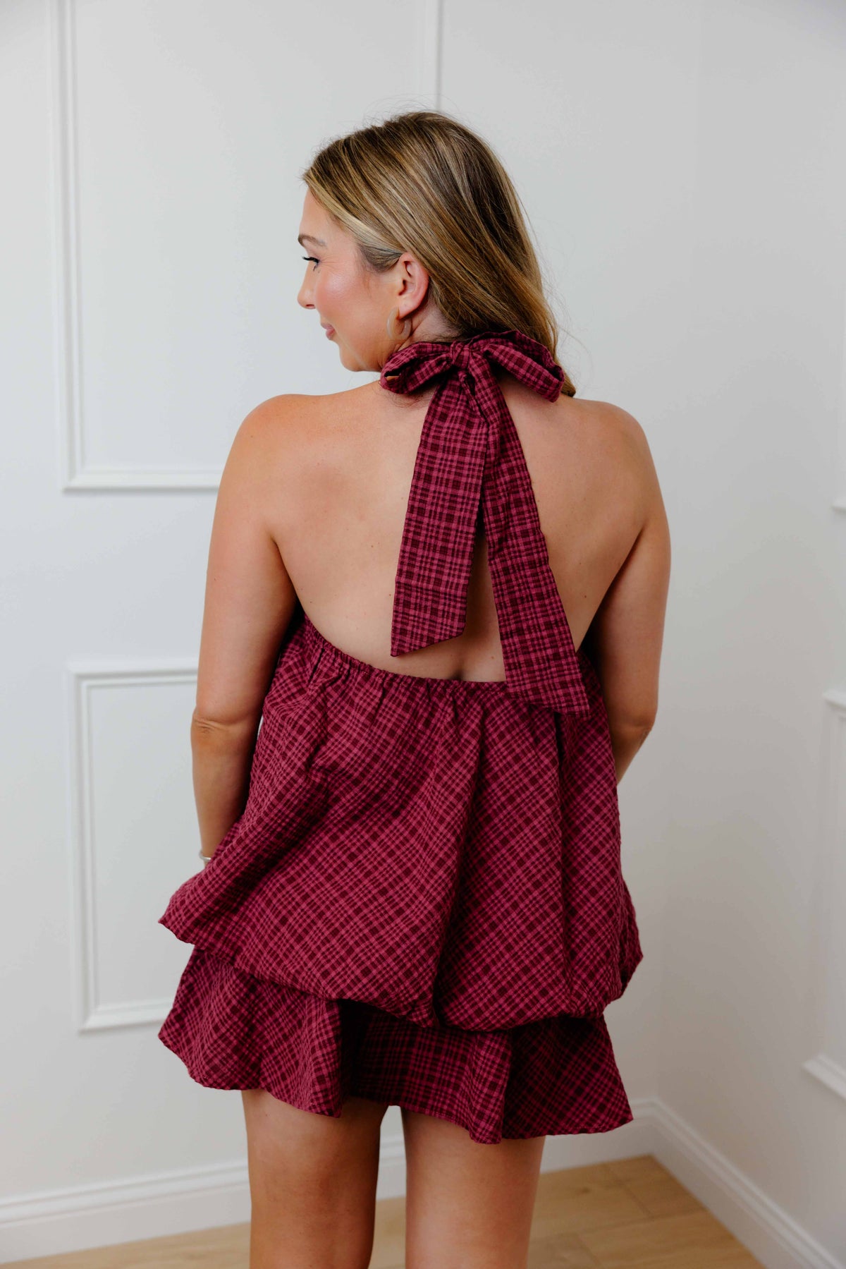 Burgundy Plaid Halter Dress